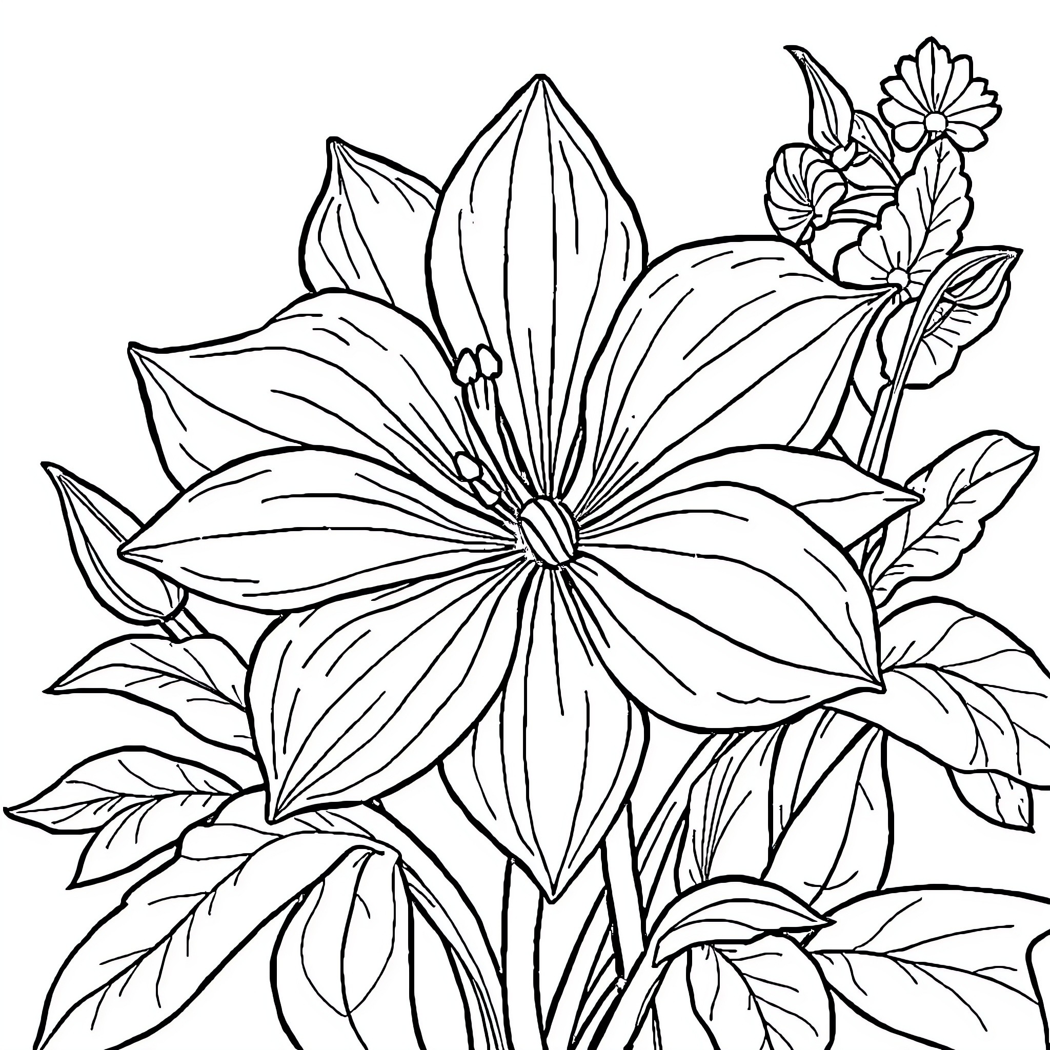Flower Garden with Blooming Blossoms Coloring Page (free black-and-white line drawing printable PDF for all, from beginners to advanced learners, including children, teens, adults, and seniors)