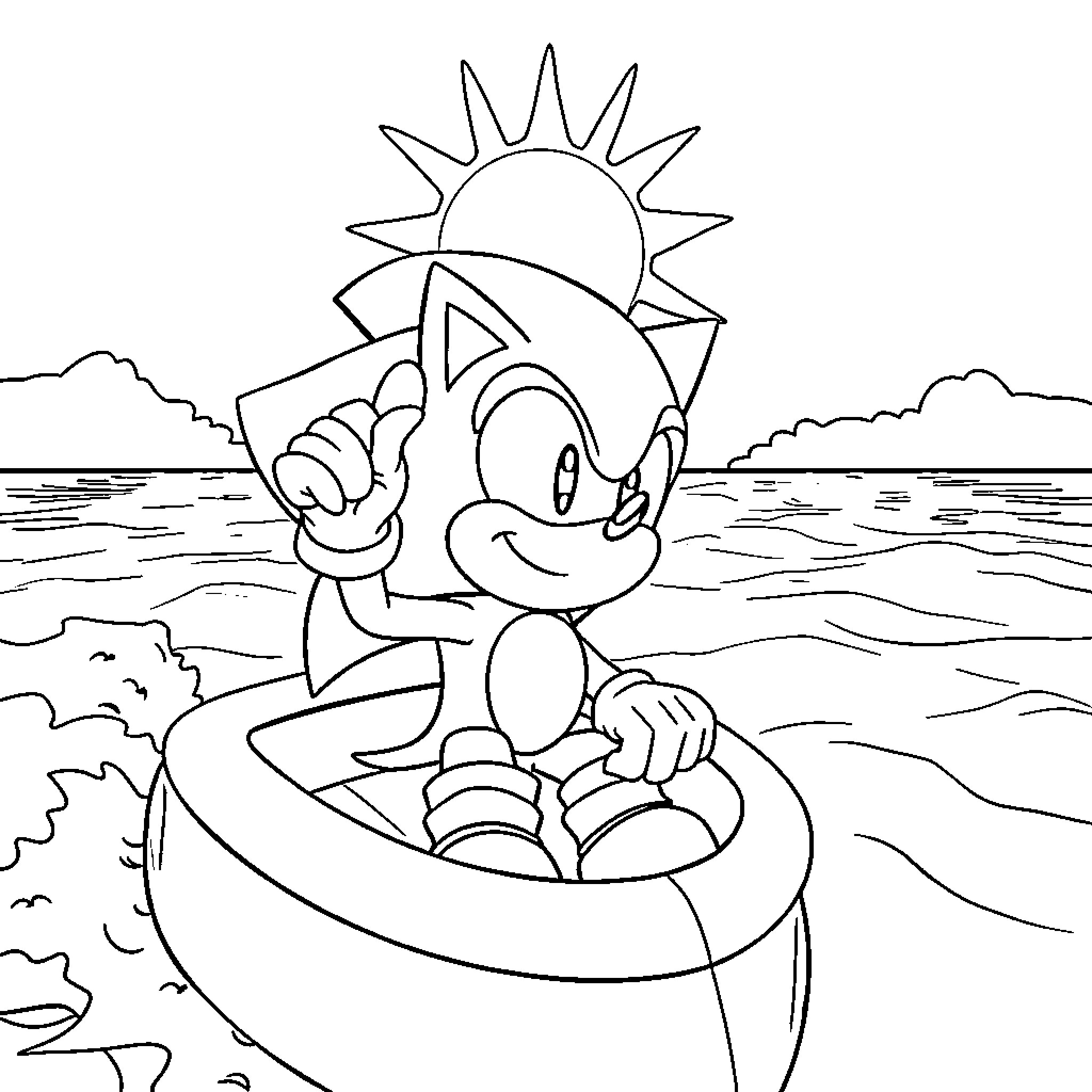 Sonic floating on a boat in the sea Coloring Page (free black-and-white line drawing printable PDF for all, from beginners to advanced learners, including children, teens, adults, and seniors)