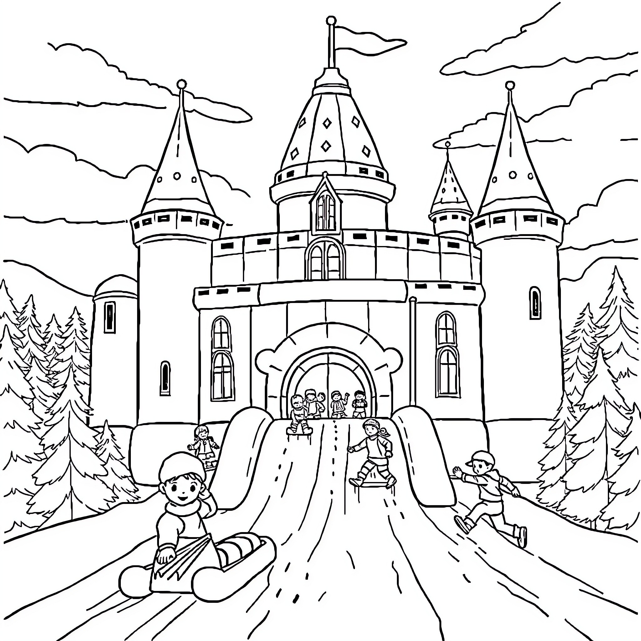Château of Winter Wonderland Delight Coloring Page (free black-and-white line drawing printable PDF for all, from beginners to advanced learners, including children, teens, adults, and seniors)