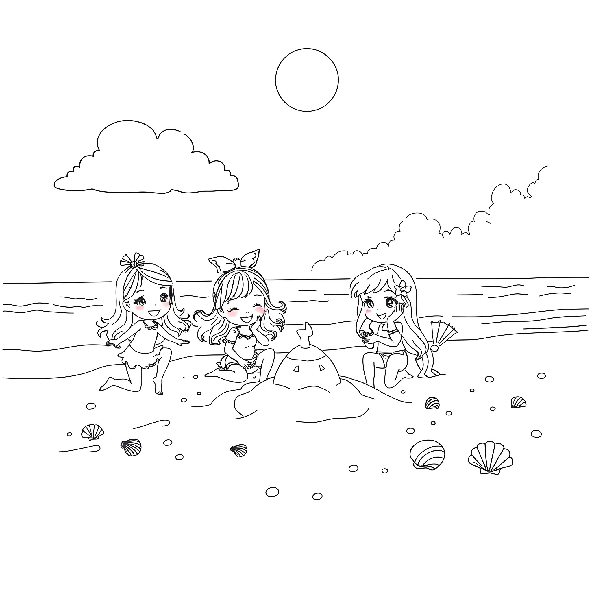 Dollhouse Characters Playing on the Beach Coloring Page (free black-and-white line drawing printable PDF for all, from beginners to advanced learners, including children, teens, adults, and seniors)
