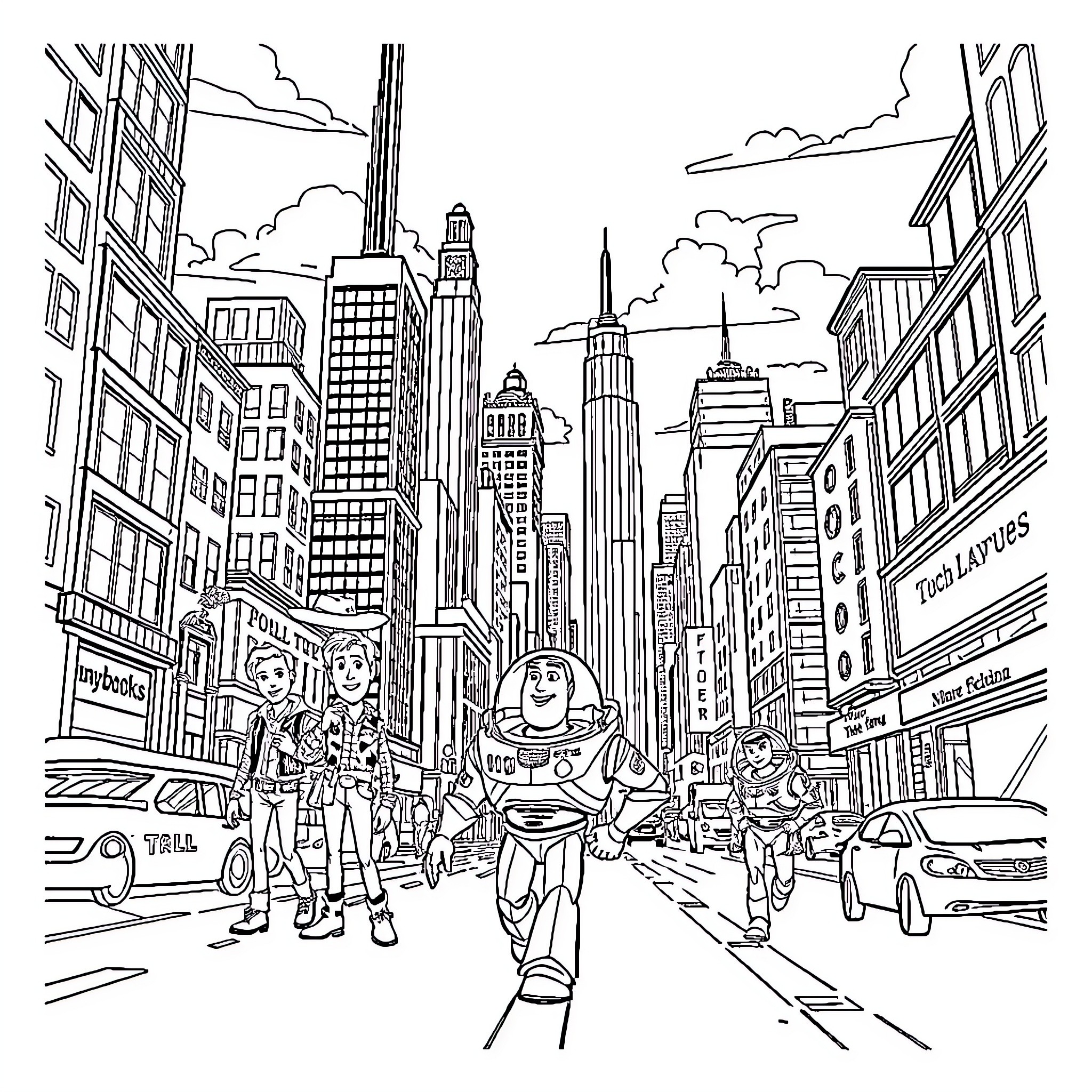 Toy characters in a bustling urban city Coloring Page (free black-and-white line drawing printable PDF for all, from beginners to advanced learners, including children, teens, adults, and seniors)