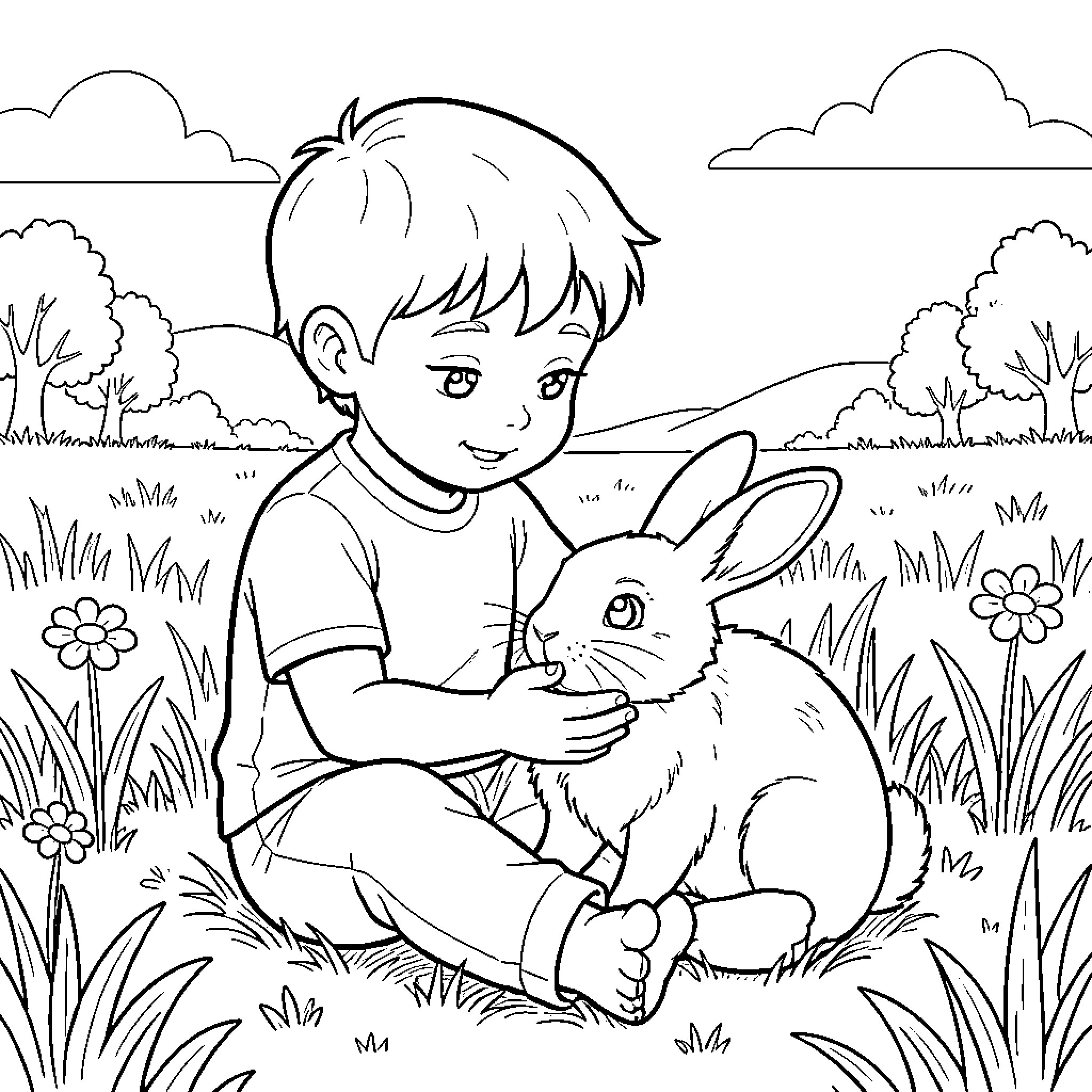 Child gently petting a rabbit in a meadow Coloring Page (free black-and-white line drawing printable PDF for all, from beginners to advanced learners, including children, teens, adults, and seniors)