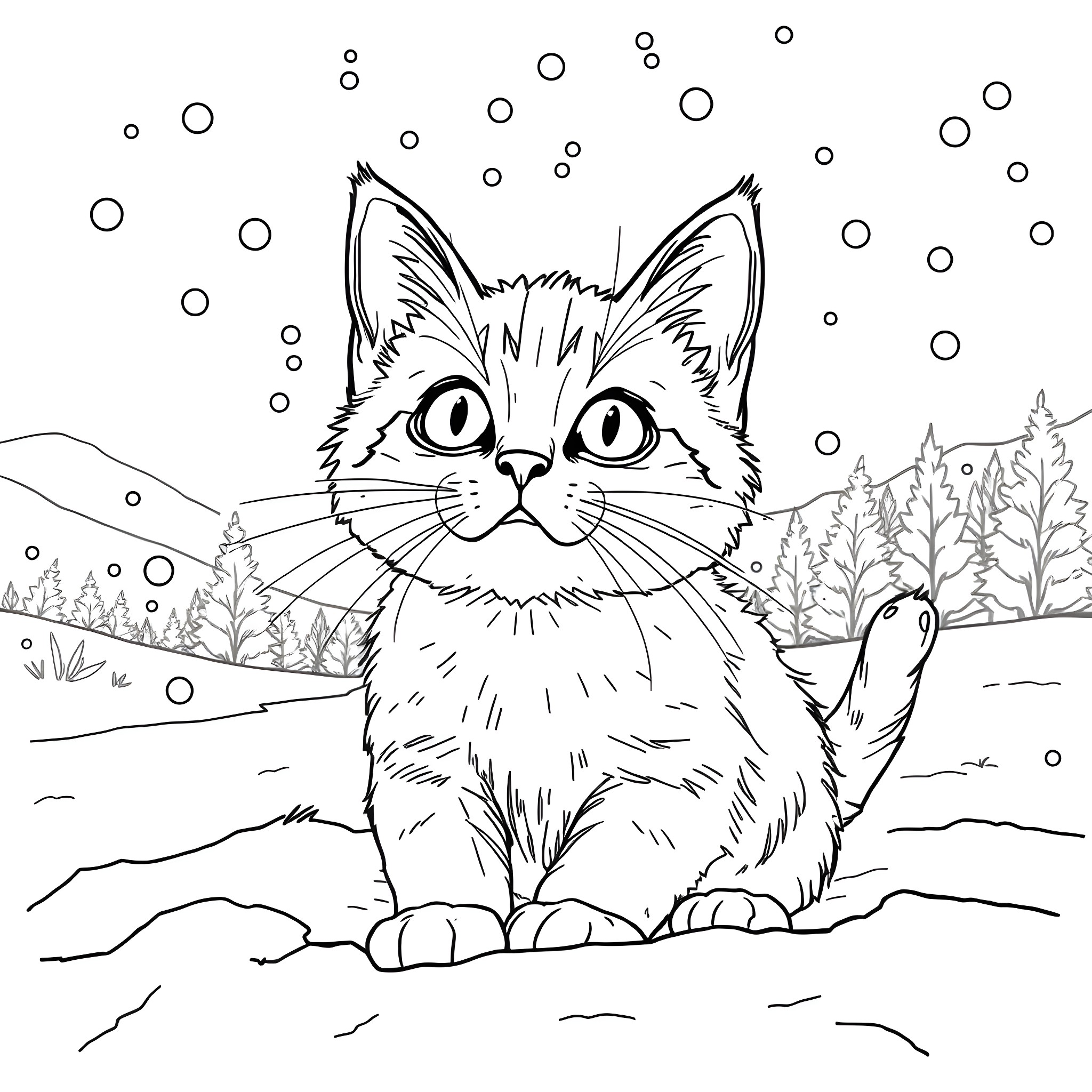 Cat in snowy winter landscape Coloring Page (free black-and-white line drawing printable PDF for all, from beginners to advanced learners, including children, teens, adults, and seniors)