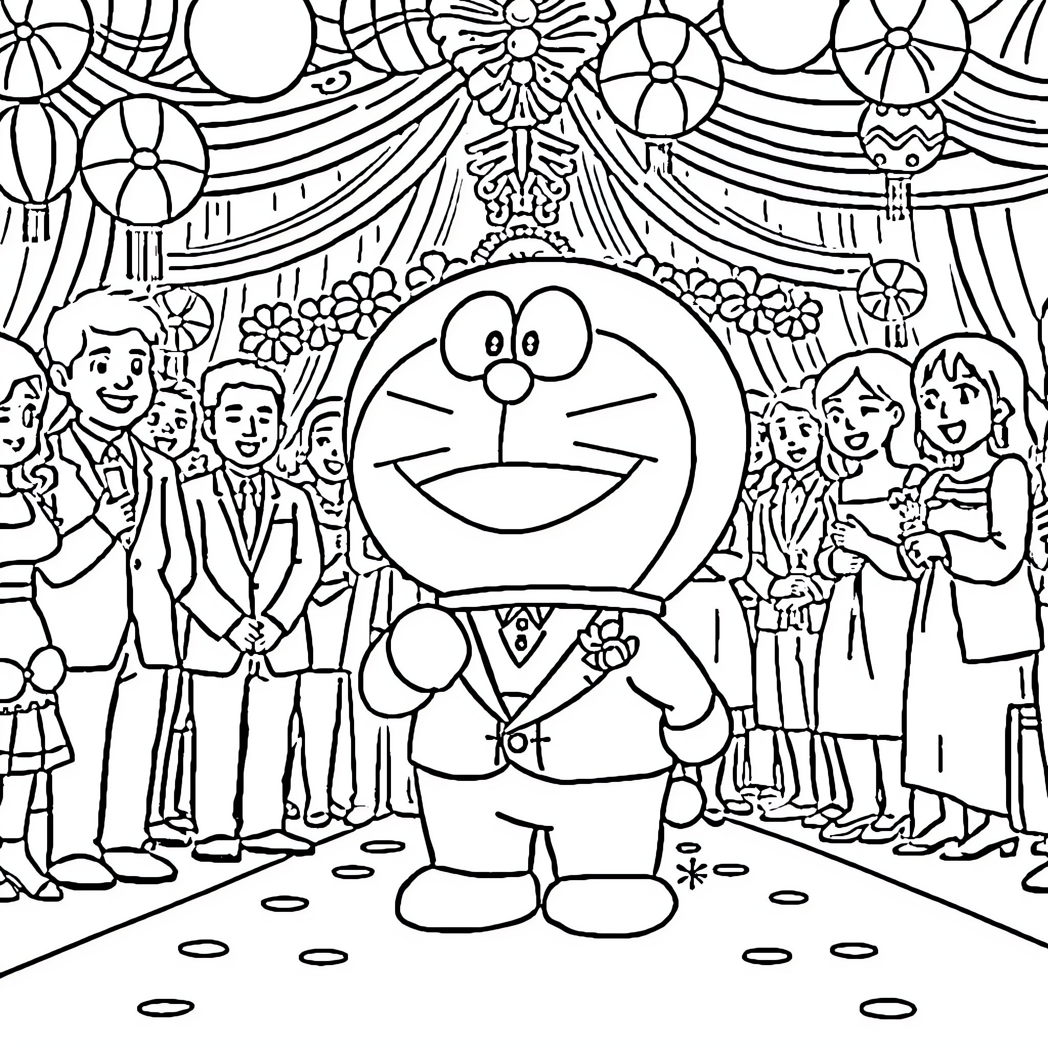 Doraemon enjoying a festival with friends Coloring Page (free black-and-white line drawing printable PDF for all, from beginners to advanced learners, including children, teens, adults, and seniors)