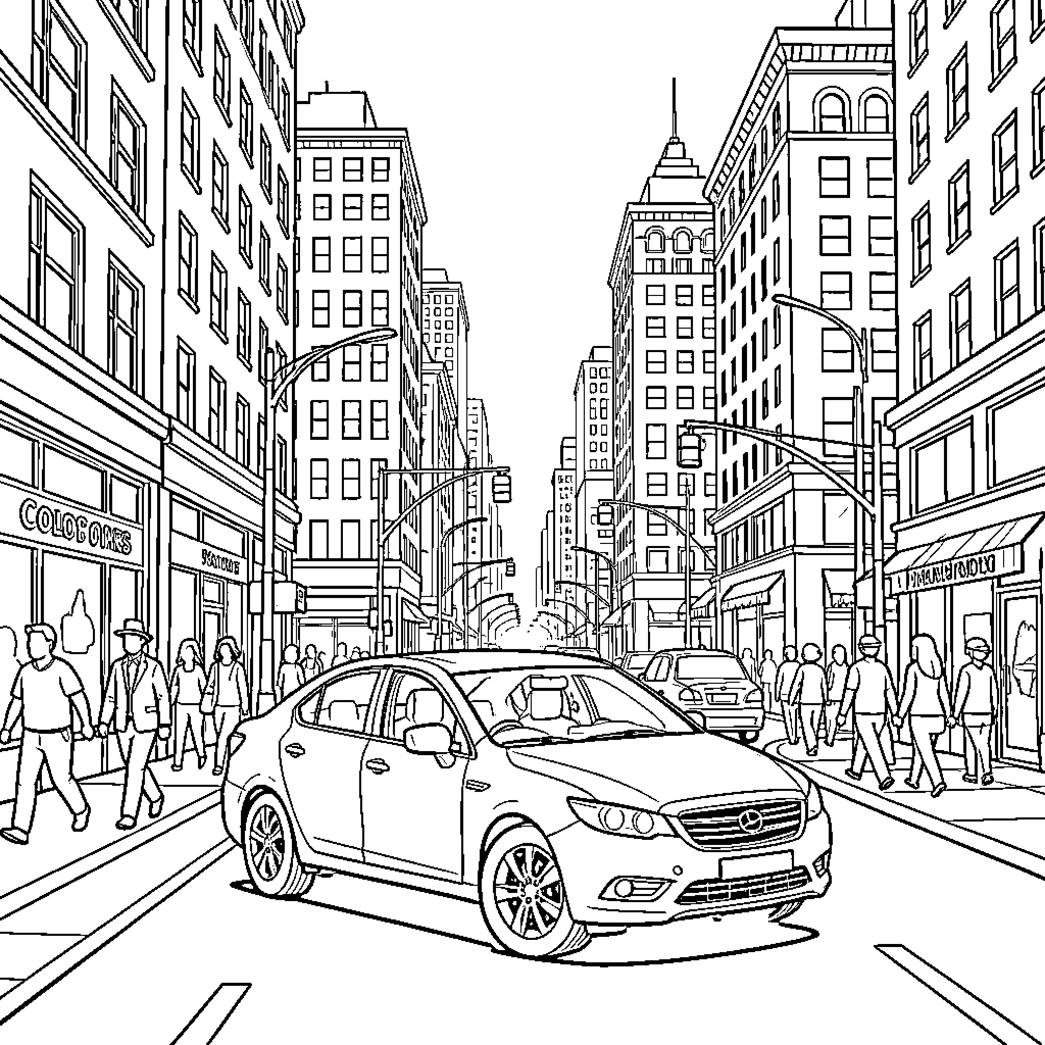 Car driving through a busy city street scene Coloring Page (free black-and-white line drawing printable PDF for all, from beginners to advanced learners, including children, teens, adults, and seniors)