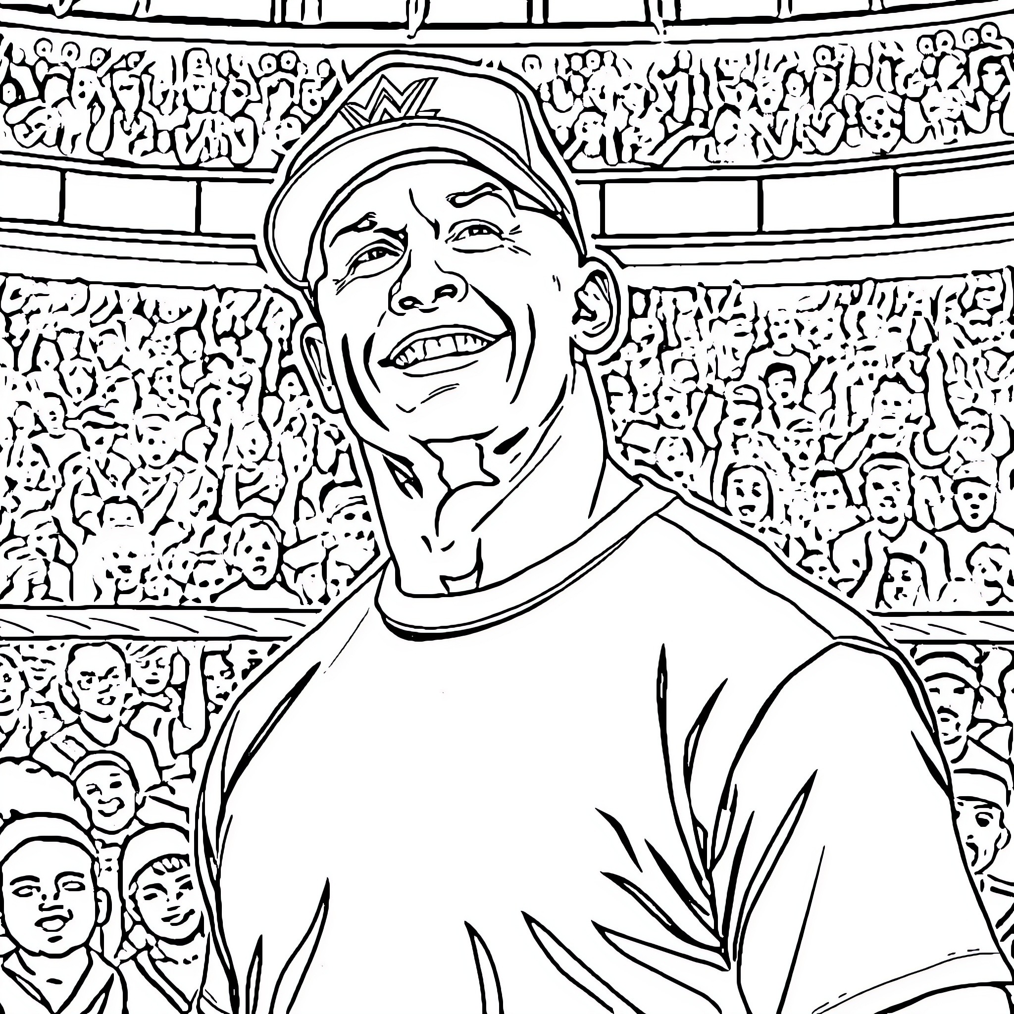 John Cena Greeting the Cheering Crowd Coloring Page (free black-and-white line drawing printable PDF for all, from beginners to advanced learners, including children, teens, adults, and seniors)