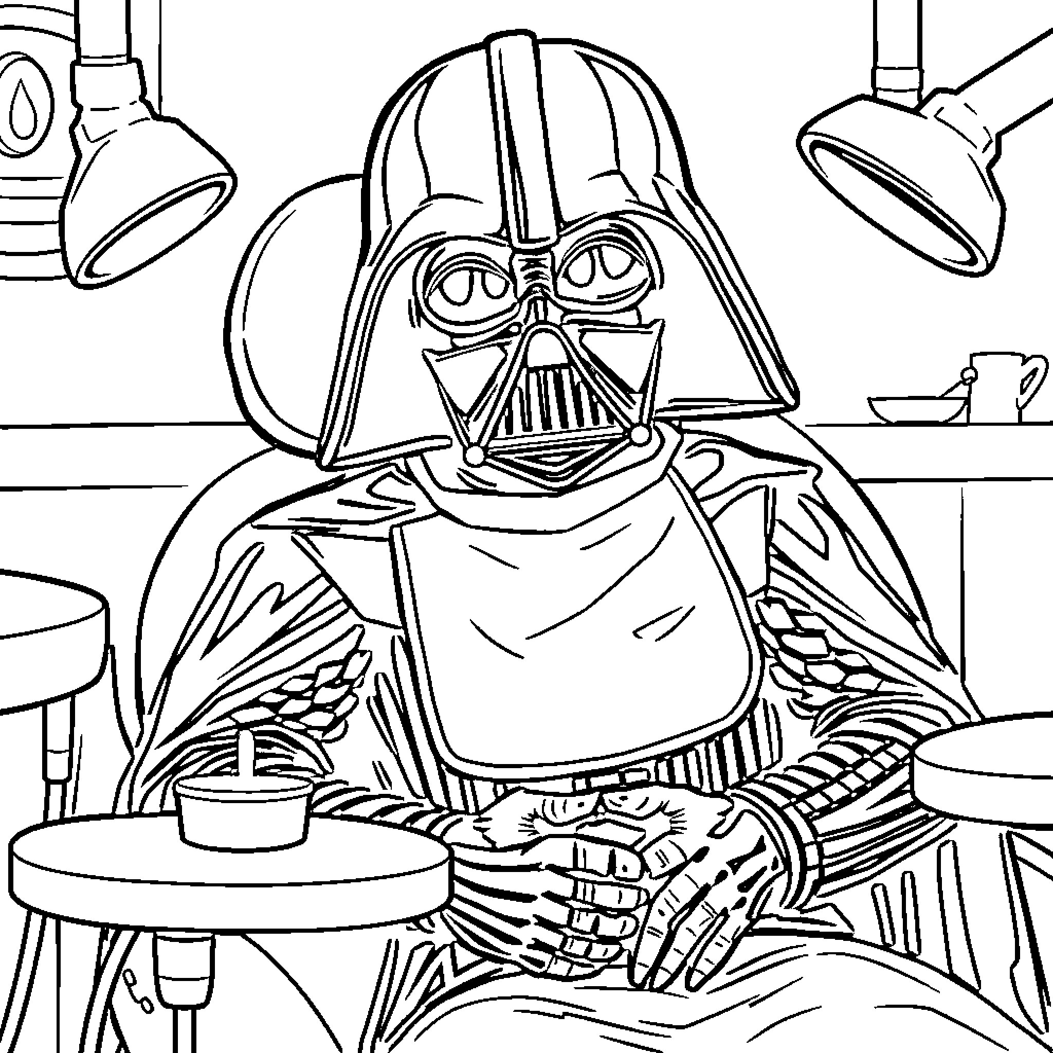 Darth Vader in a casual setting Coloring Page (free black-and-white line drawing printable PDF for all, from beginners to advanced learners, including children, teens, adults, and seniors)
