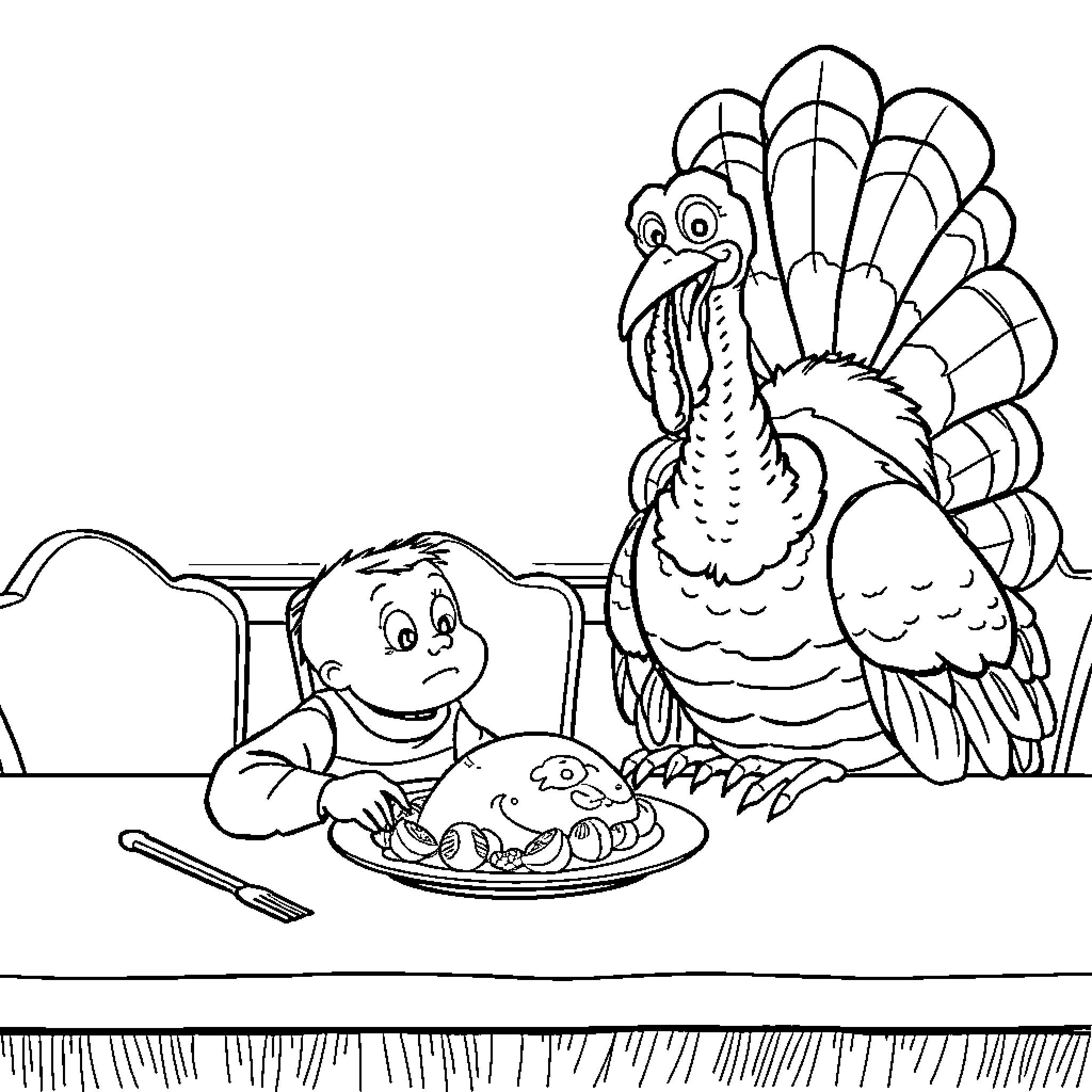 Turkey enjoying a festive meal with a young child Coloring Page (free black-and-white line drawing printable PDF for all, from beginners to advanced learners, including children, teens, adults, and seniors)