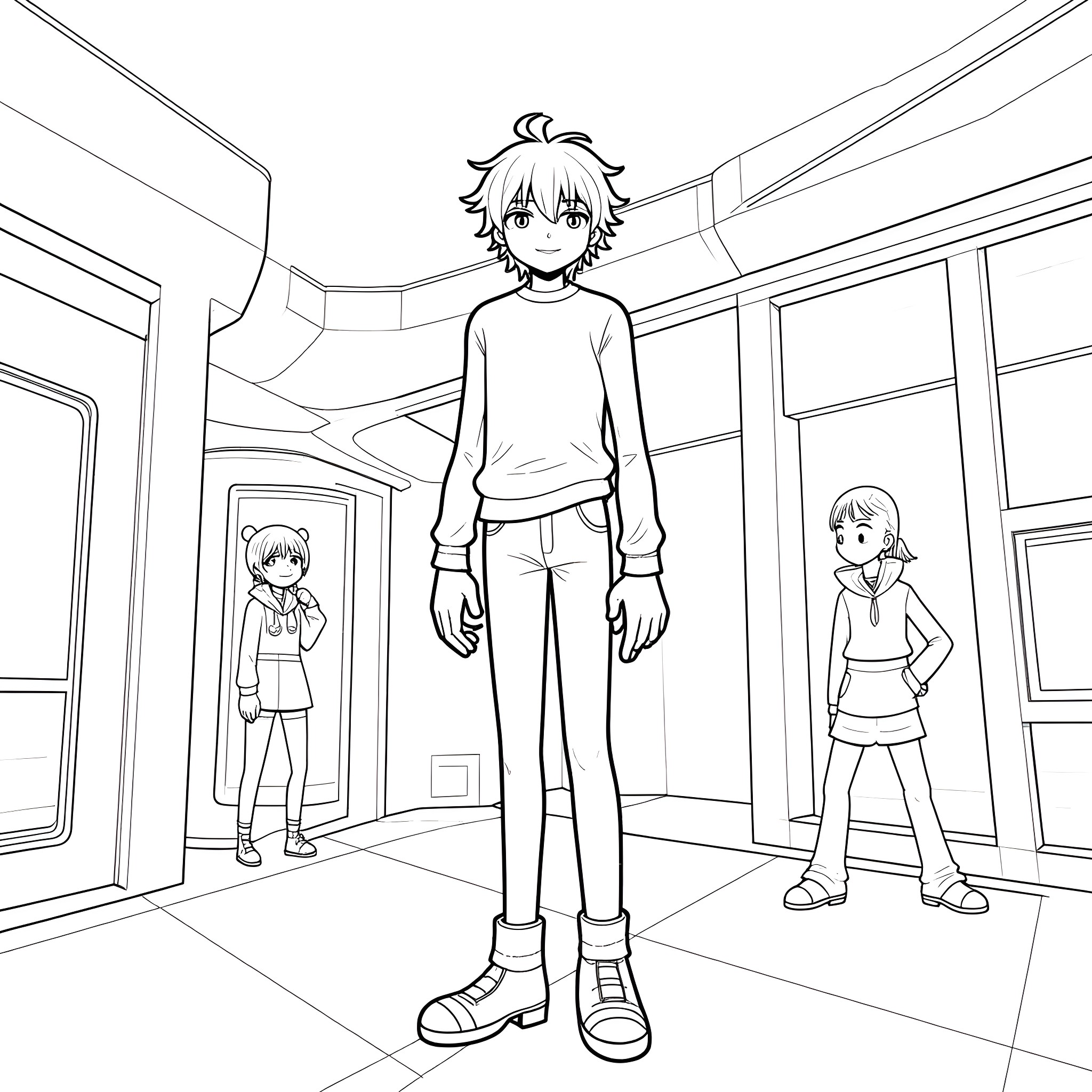 Natsu's Casual Camaraderie: Anime Characters in Relaxed Poses Coloring Page (free black-and-white line drawing printable PDF for all, from beginners to advanced learners, including children, teens, adults, and seniors)