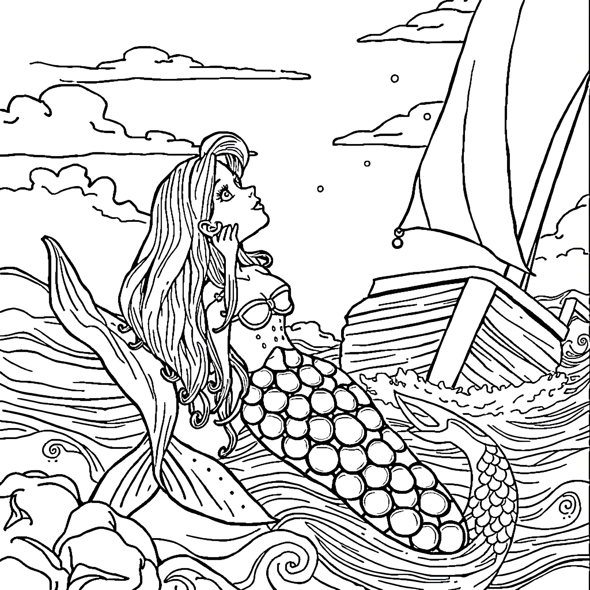 Mermaid Swimming in the Ocean with a Shipwreck Coloring Page (free black-and-white line drawing printable PDF for all, from beginners to advanced learners, including children, teens, adults, and seniors)