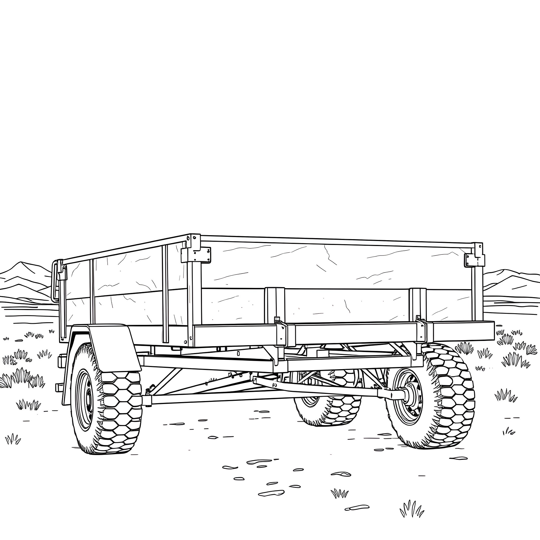 Car Trailer in Rugged Outdoor Setting Coloring Page (free black-and-white line drawing printable PDF for all, from beginners to advanced learners, including children, teens, adults, and seniors)