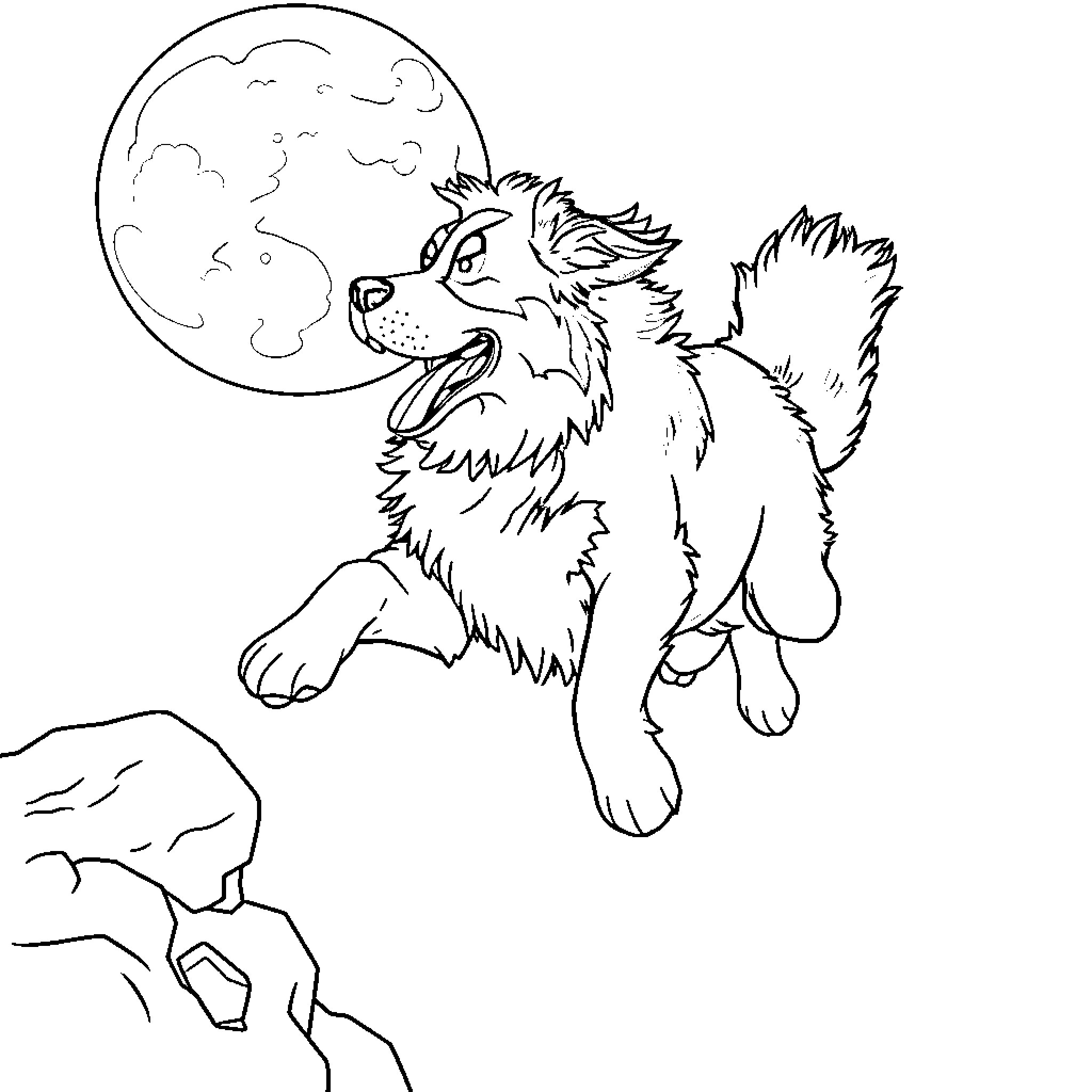 Bernese Mountain Dog howling at the moon Coloring Page (free black-and-white line drawing printable PDF for all, from beginners to advanced learners, including children, teens, adults, and seniors)