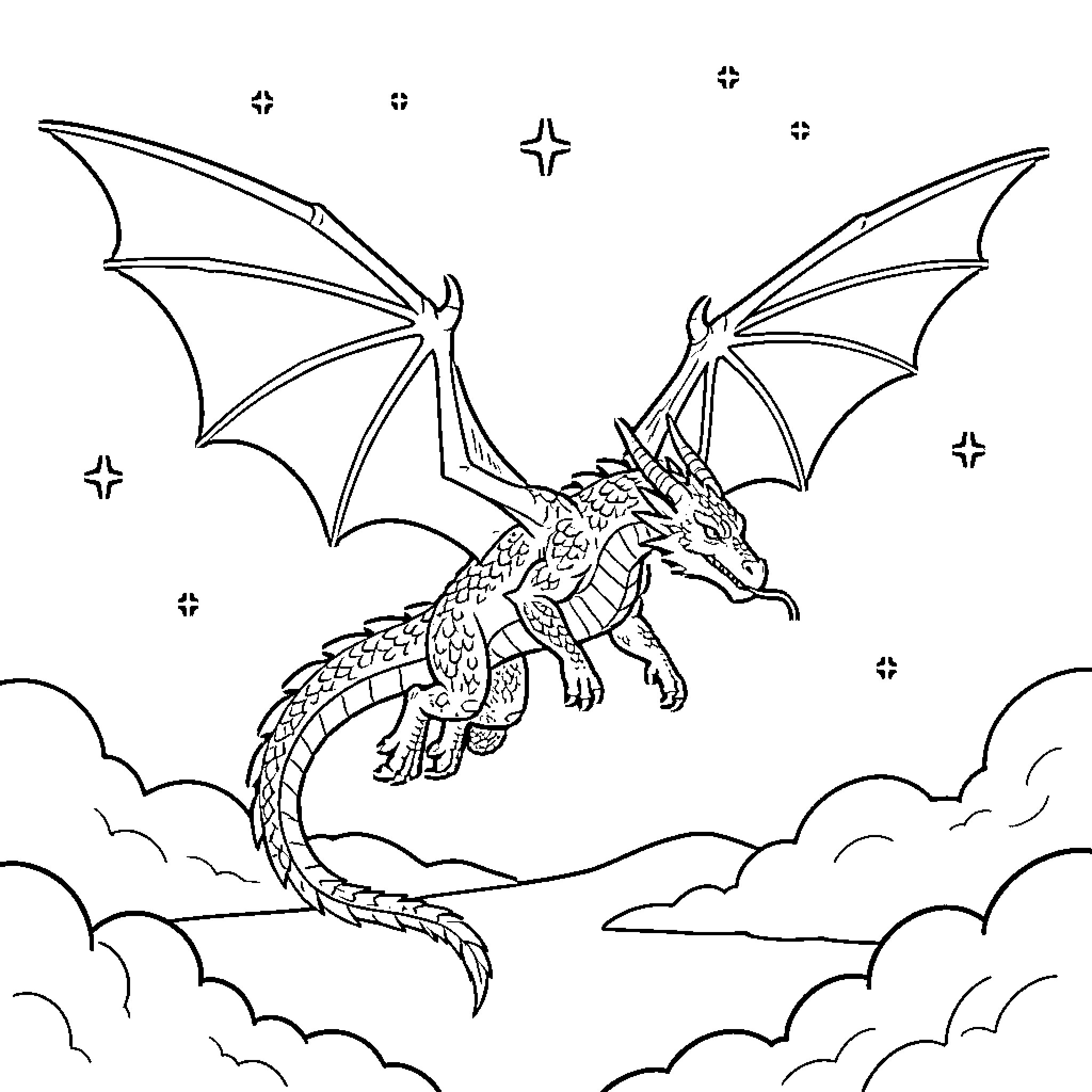 Dragon flying through a starry sky above clouds Coloring Page (free black-and-white line drawing printable PDF for all, from beginners to advanced learners, including children, teens, adults, and seniors)