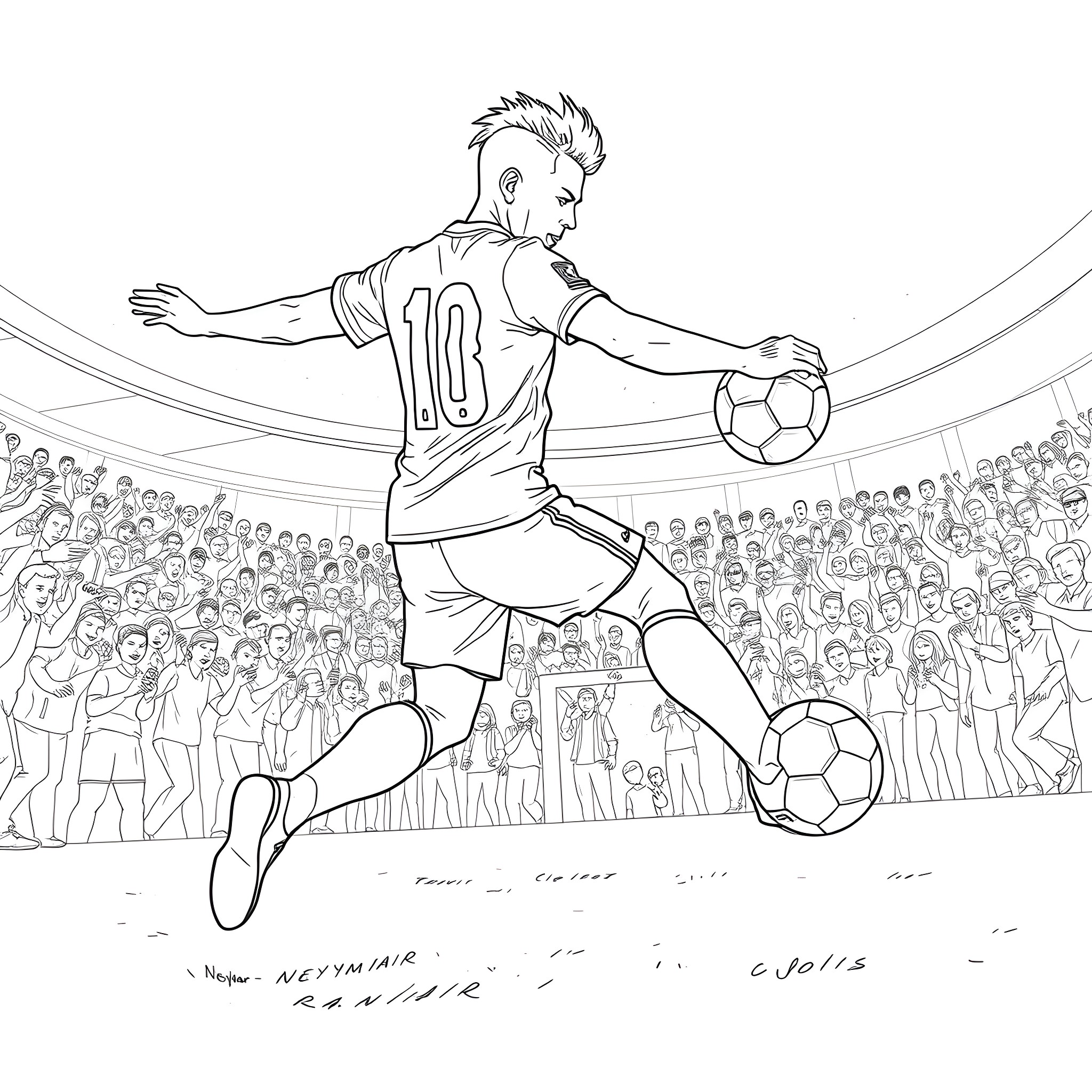 Neymar's soccer skills on display in stadium Coloring Page (free black-and-white line drawing printable PDF for all, from beginners to advanced learners, including children, teens, adults, and seniors)