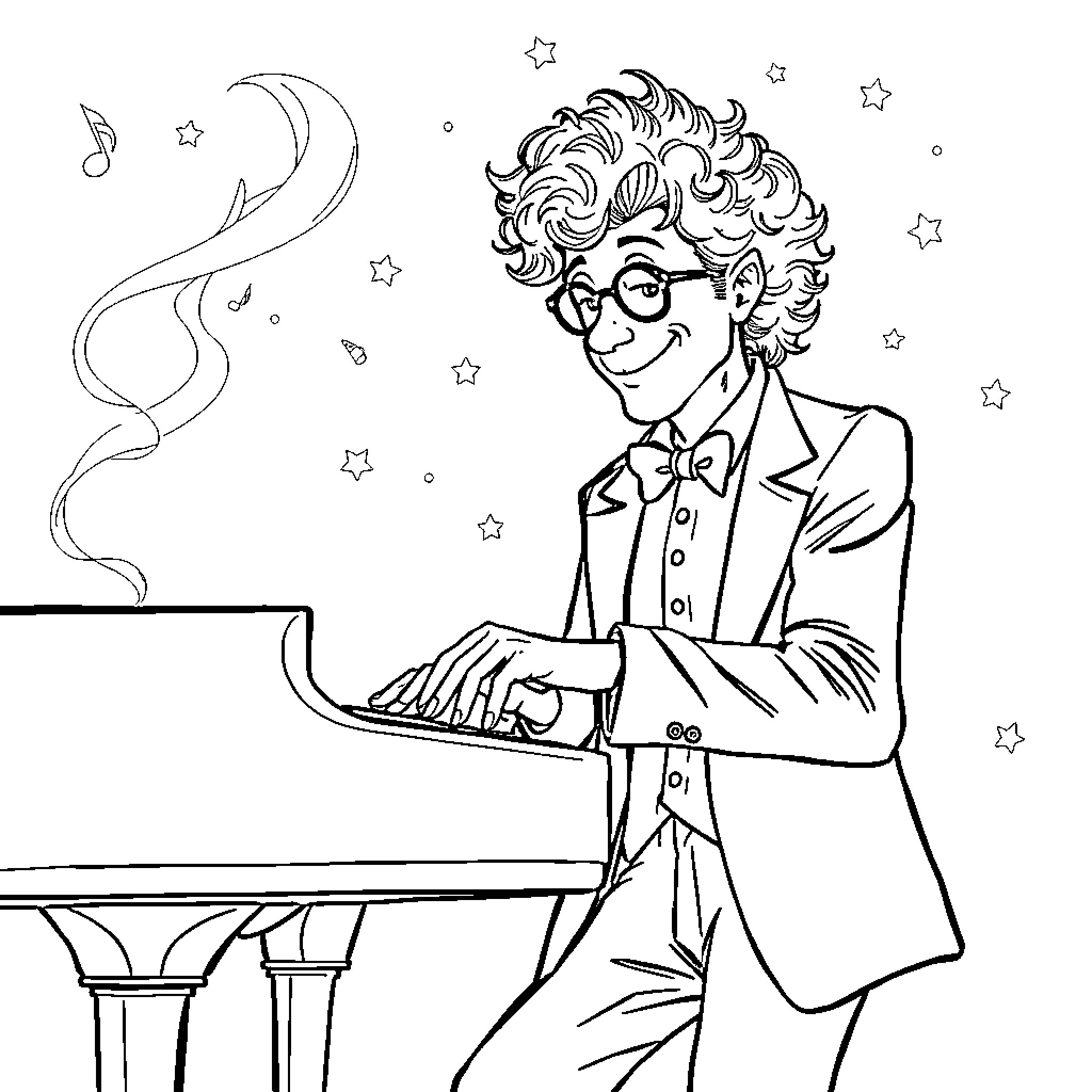 Danny Elfman composing whimsical music at piano Coloring Page (free black-and-white line drawing printable PDF for all, from beginners to advanced learners, including children, teens, adults, and seniors)