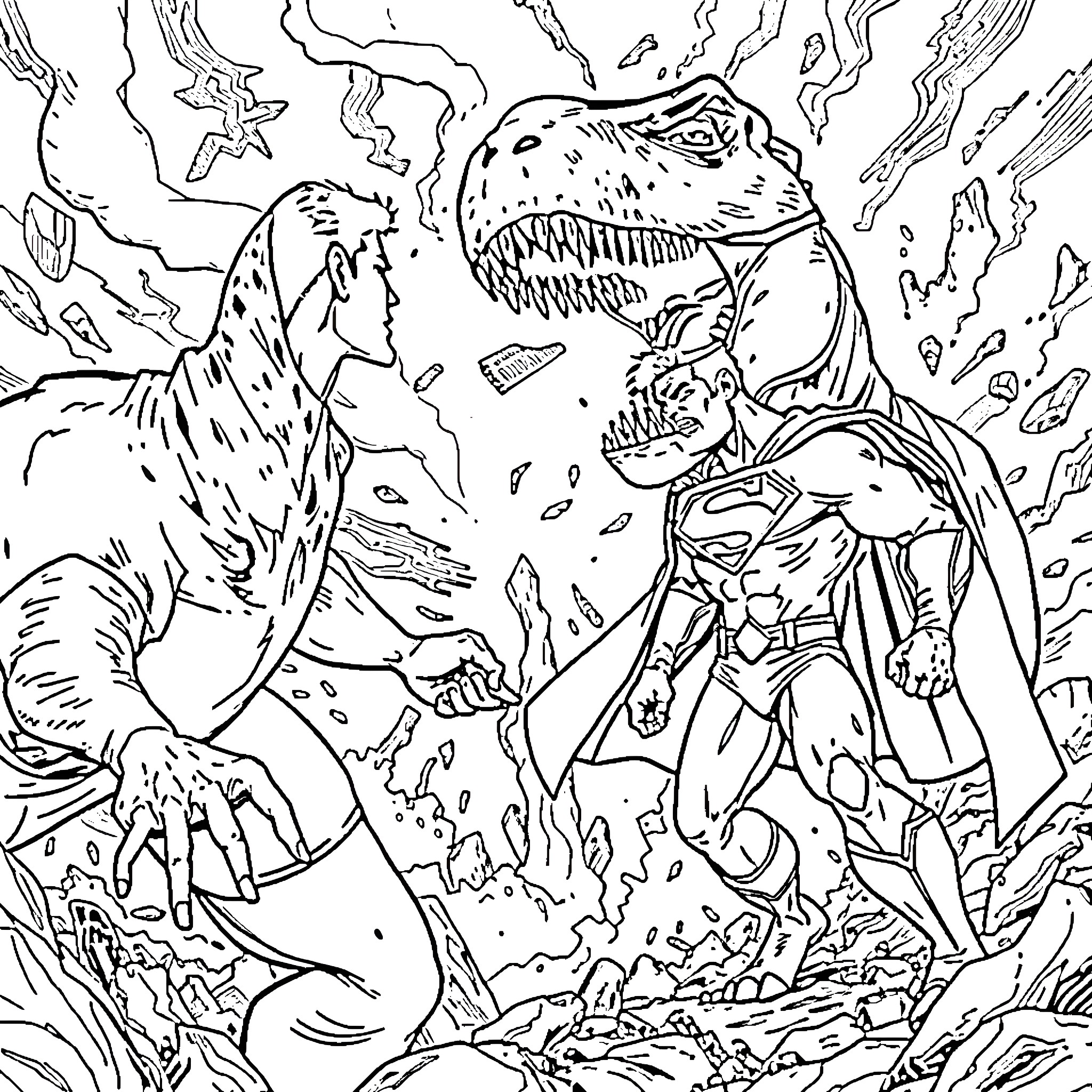 Superman battles a mighty dinosaur creature Coloring Page (free black-and-white line drawing printable PDF for all, from beginners to advanced learners, including children, teens, adults, and seniors)