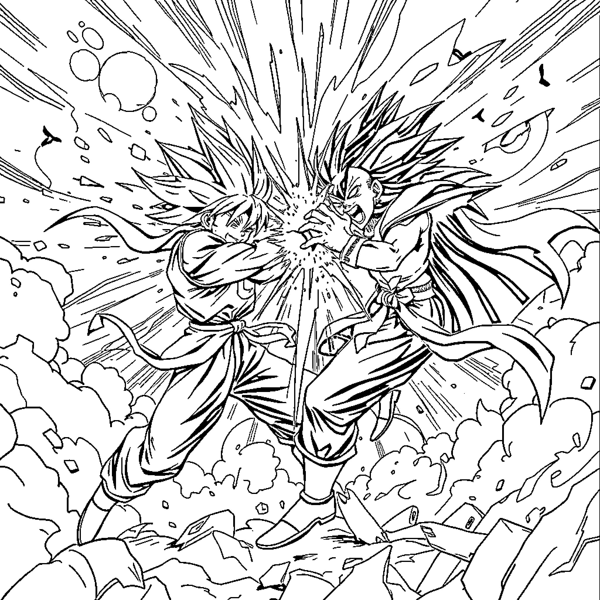 Anime Characters Engaged in Intense Battle Coloring Page (free black-and-white line drawing printable PDF for all, from beginners to advanced learners, including children, teens, adults, and seniors)