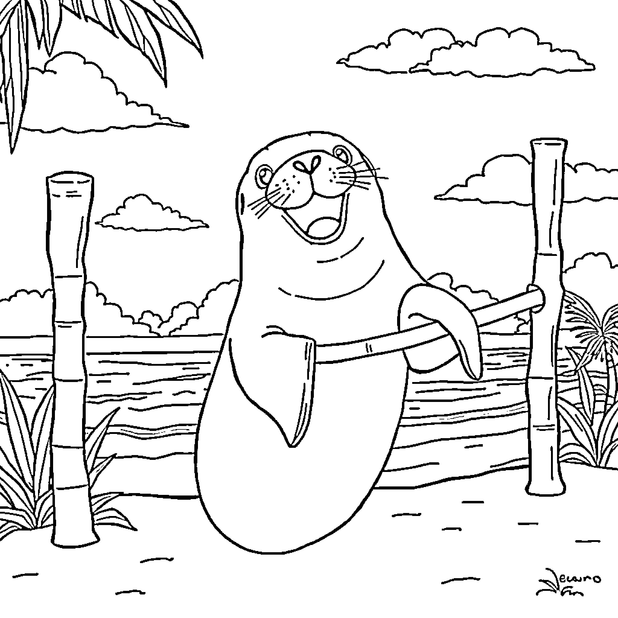 Sea Lion Relaxing by the Beach Coloring Page (free black-and-white line drawing printable PDF for all, from beginners to advanced learners, including children, teens, adults, and seniors)