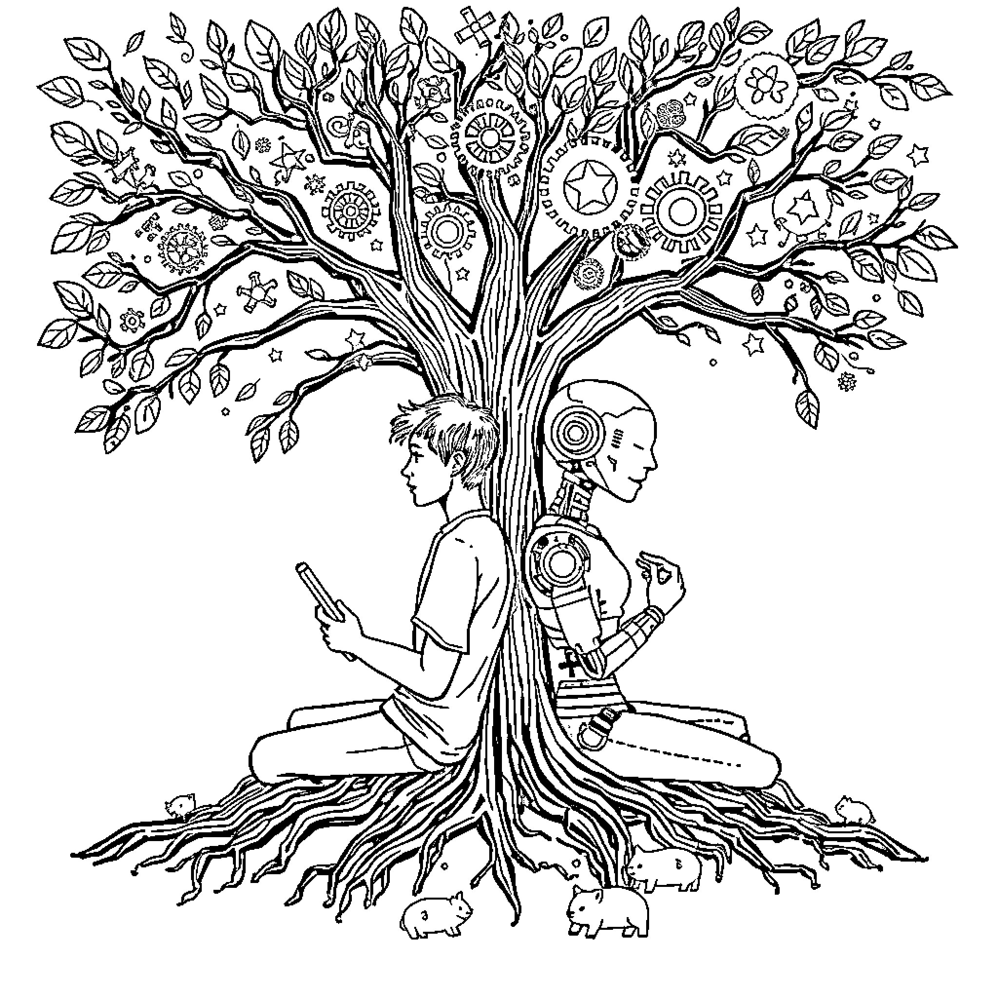 Human Figures Meditating Under Mystical Tree Coloring Page (free black-and-white line drawing printable PDF for all, from beginners to advanced learners, including children, teens, adults, and seniors)