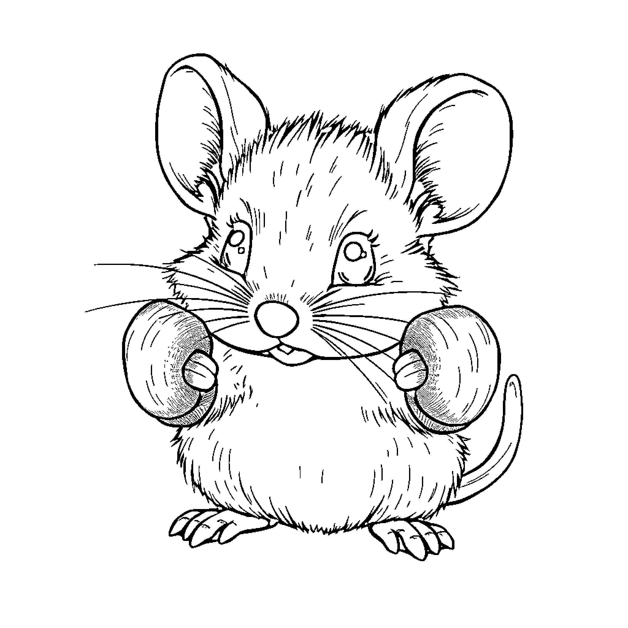 Mouse holding a treat with big eyes Coloring Page (free black-and-white line drawing printable PDF for all, from beginners to advanced learners, including children, teens, adults, and seniors)