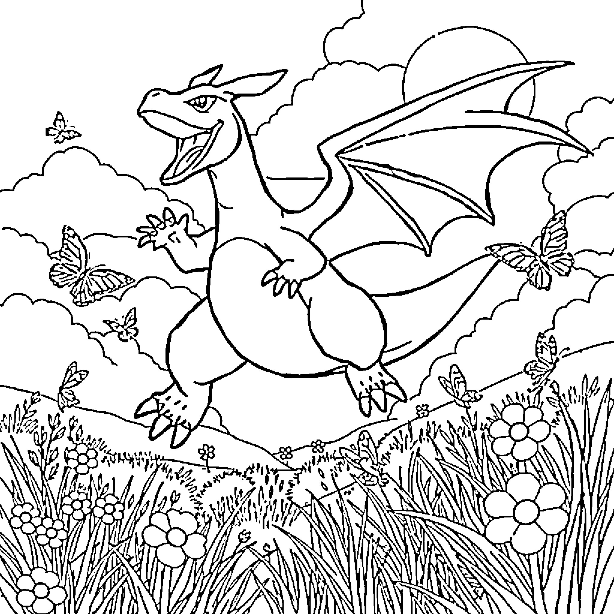 Charizard flying amidst butterflies and flowers Coloring Page (free black-and-white line drawing printable PDF for all, from beginners to advanced learners, including children, teens, adults, and seniors)