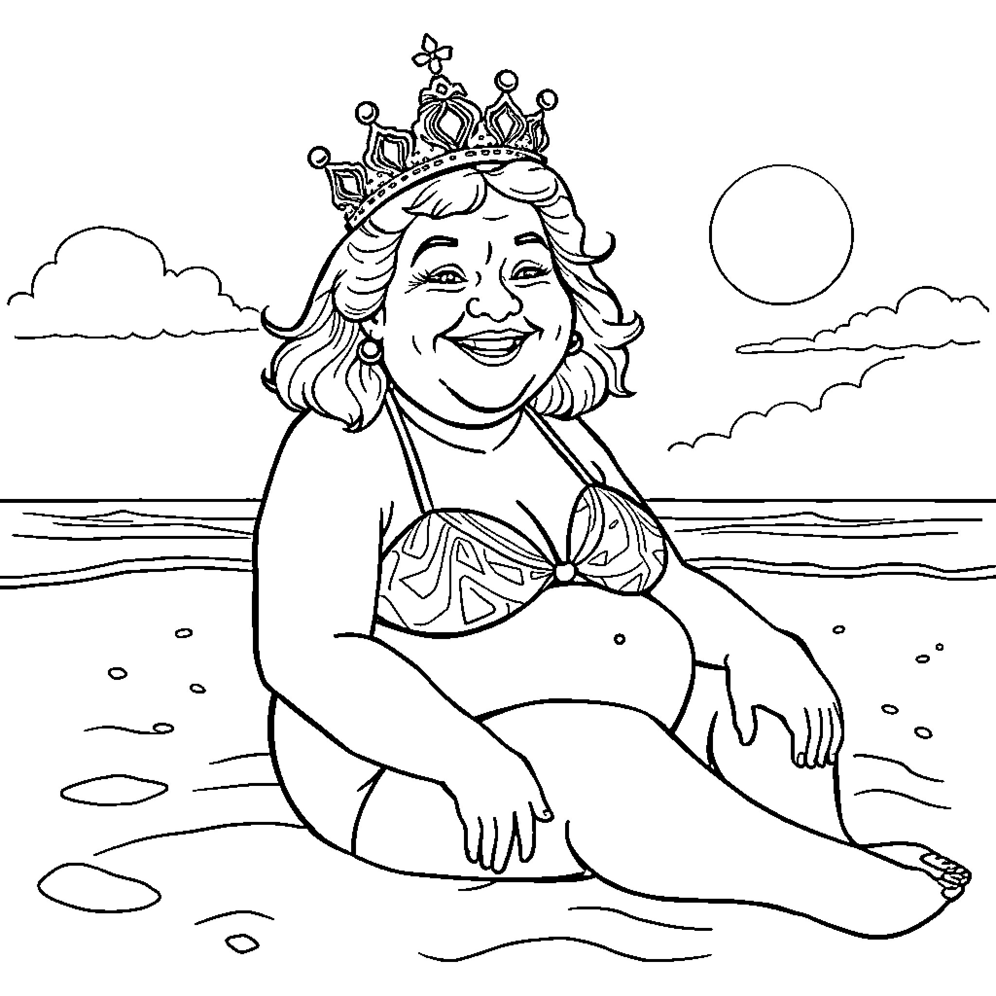 Lady enjoying sunny day at the beach Coloring Page (free black-and-white line drawing printable PDF for all, from beginners to advanced learners, including children, teens, adults, and seniors)