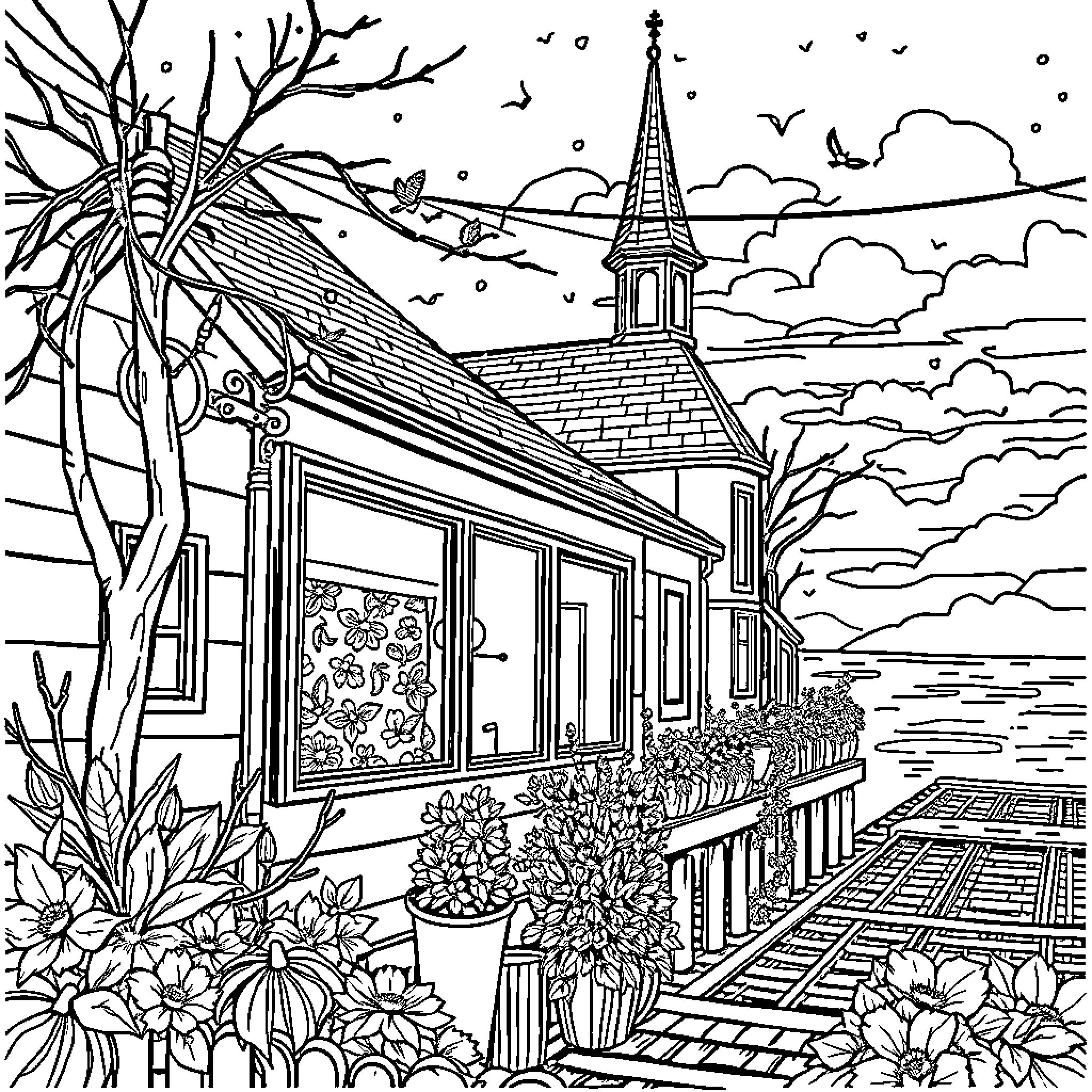 Bear exploring a picturesque cottage on a serene winter day Coloring Page (free black-and-white line drawing printable PDF for all, from beginners to advanced learners, including children, teens, adults, and seniors)
