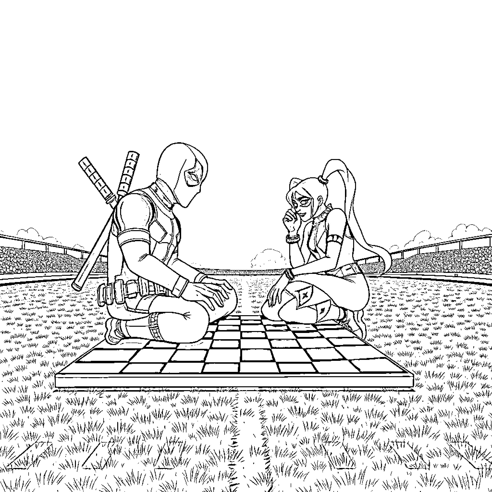 Deadpool and Harley Quinn having a chess showdown Coloring Page (free black-and-white line drawing printable PDF for all, from beginners to advanced learners, including children, teens, adults, and seniors)