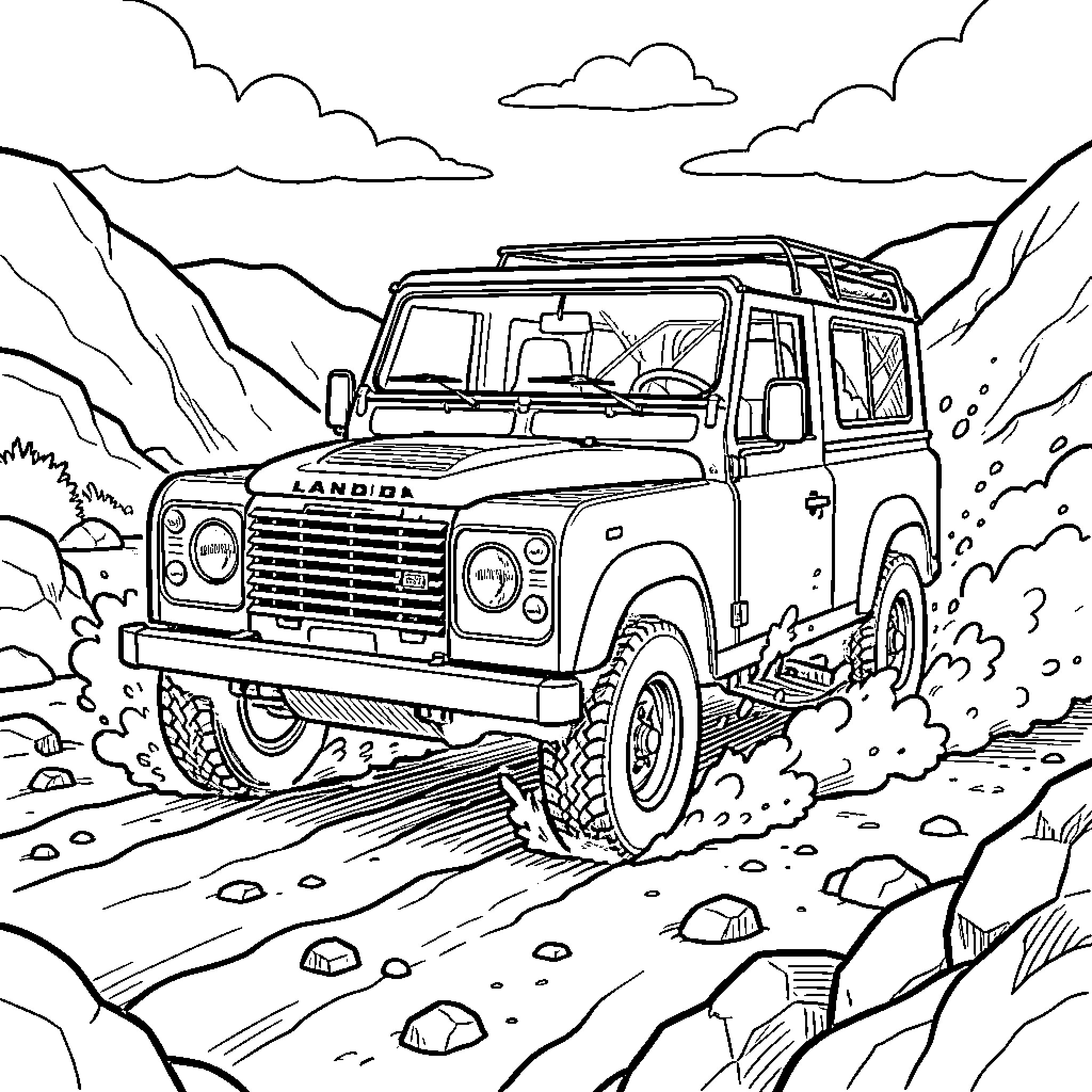 Land Rover driving through a rugged mountain terrain Coloring Page (free black-and-white line drawing printable PDF for all, from beginners to advanced learners, including children, teens, adults, and seniors)