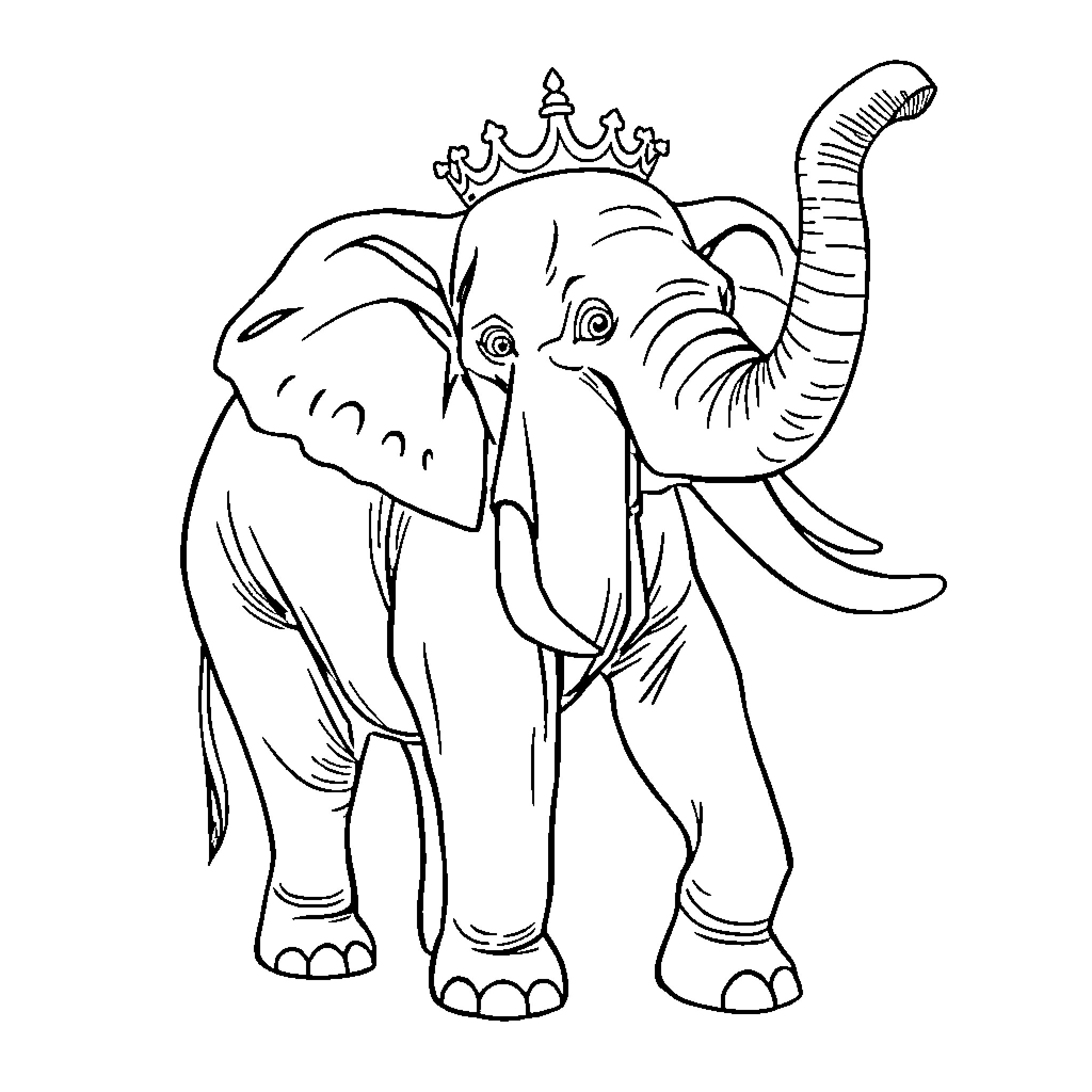 Elephant wearing a crown and standing proudly Coloring Page (free black-and-white line drawing printable PDF for all, from beginners to advanced learners, including children, teens, adults, and seniors)