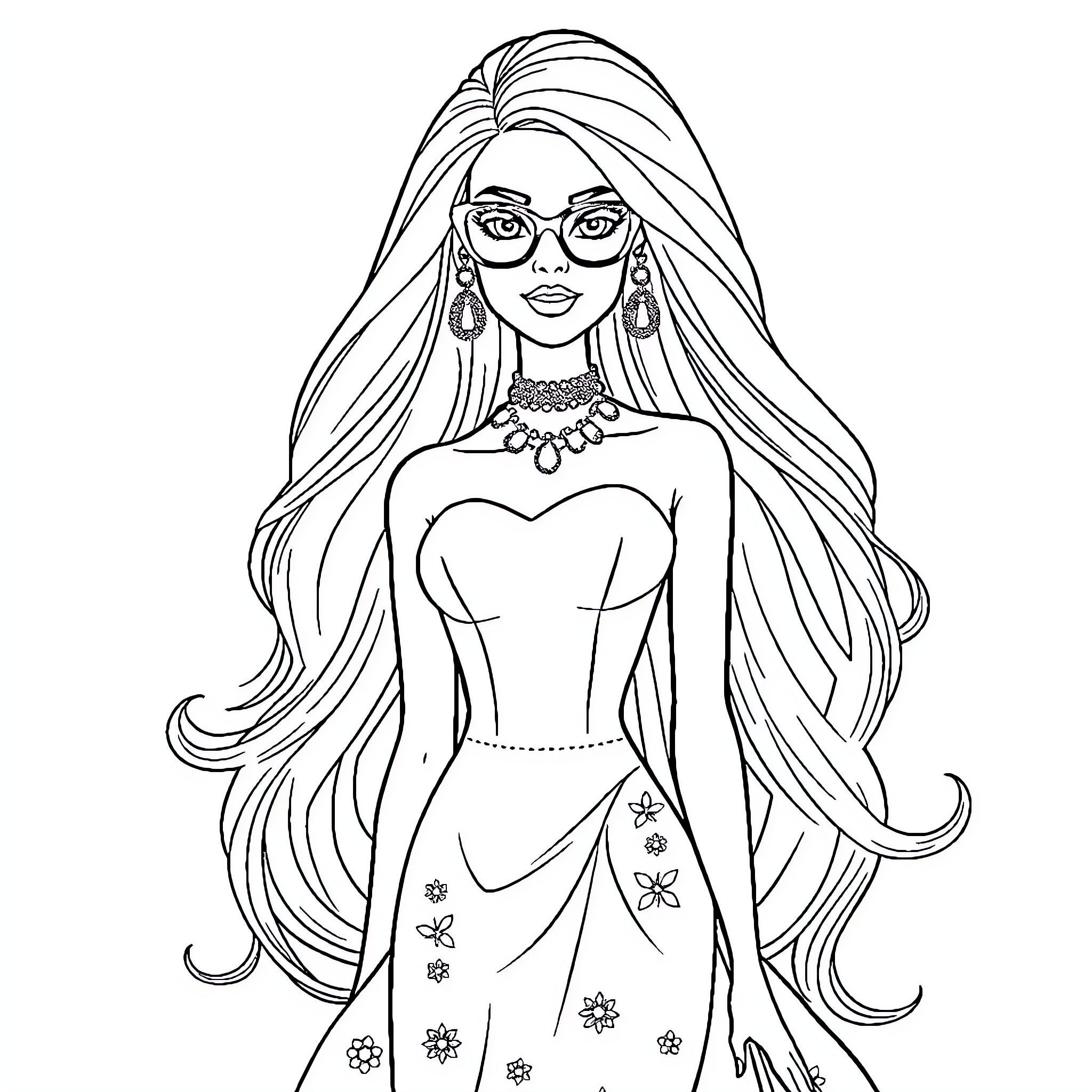 Barbie in a Stylish Elegant Dress Coloring Page (free black-and-white line drawing printable PDF for all, from beginners to advanced learners, including children, teens, adults, and seniors)