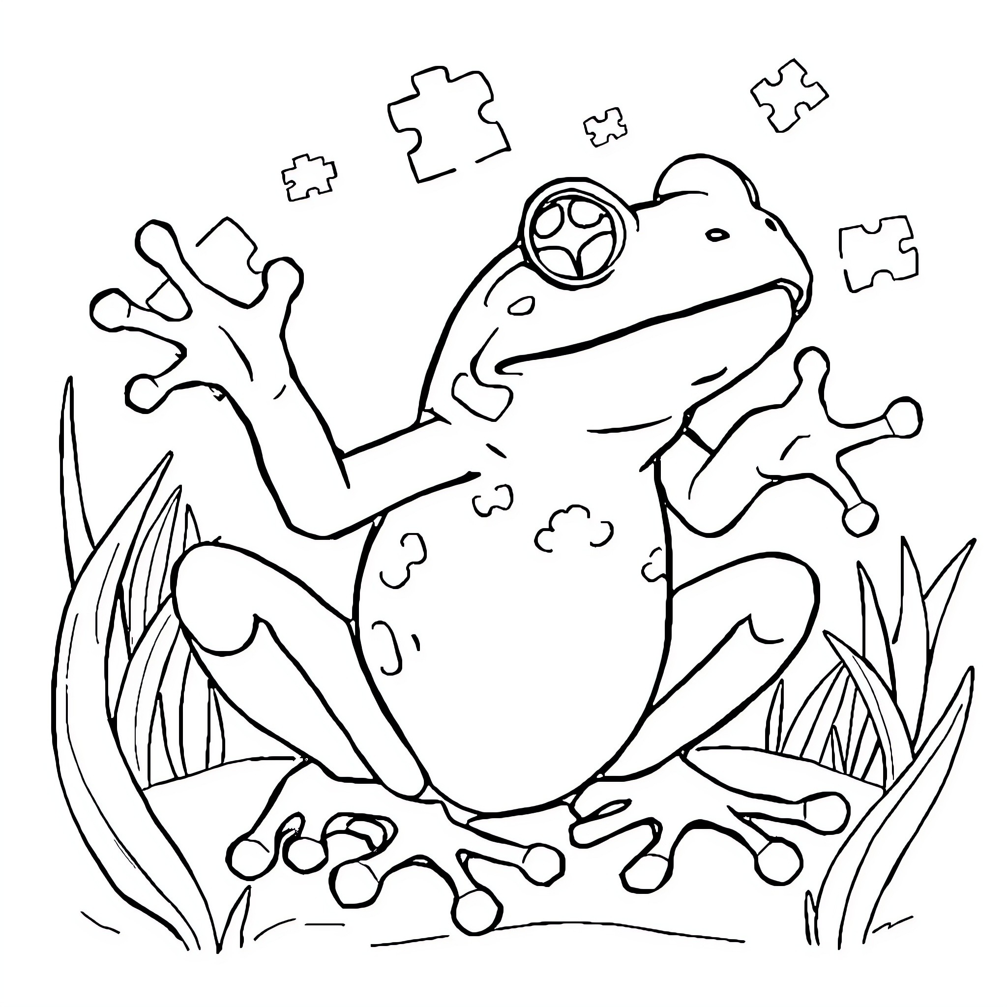 Frog playing with puzzle pieces in the wild Coloring Page (free black-and-white line drawing printable PDF for all, from beginners to advanced learners, including children, teens, adults, and seniors)