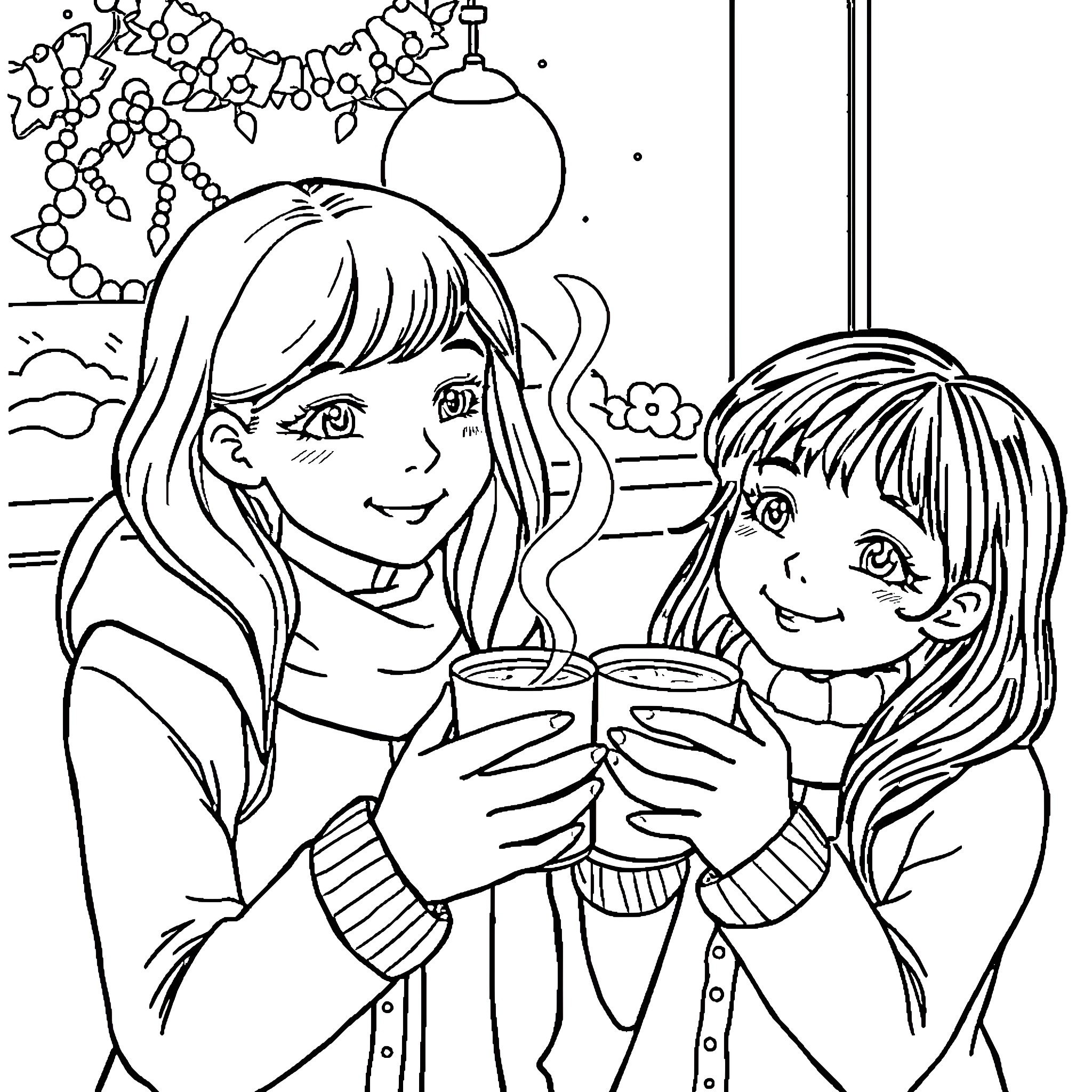 Girls enjoying hot drinks together during the holidays Coloring Page (free black-and-white line drawing printable PDF for all, from beginners to advanced learners, including children, teens, adults, and seniors)