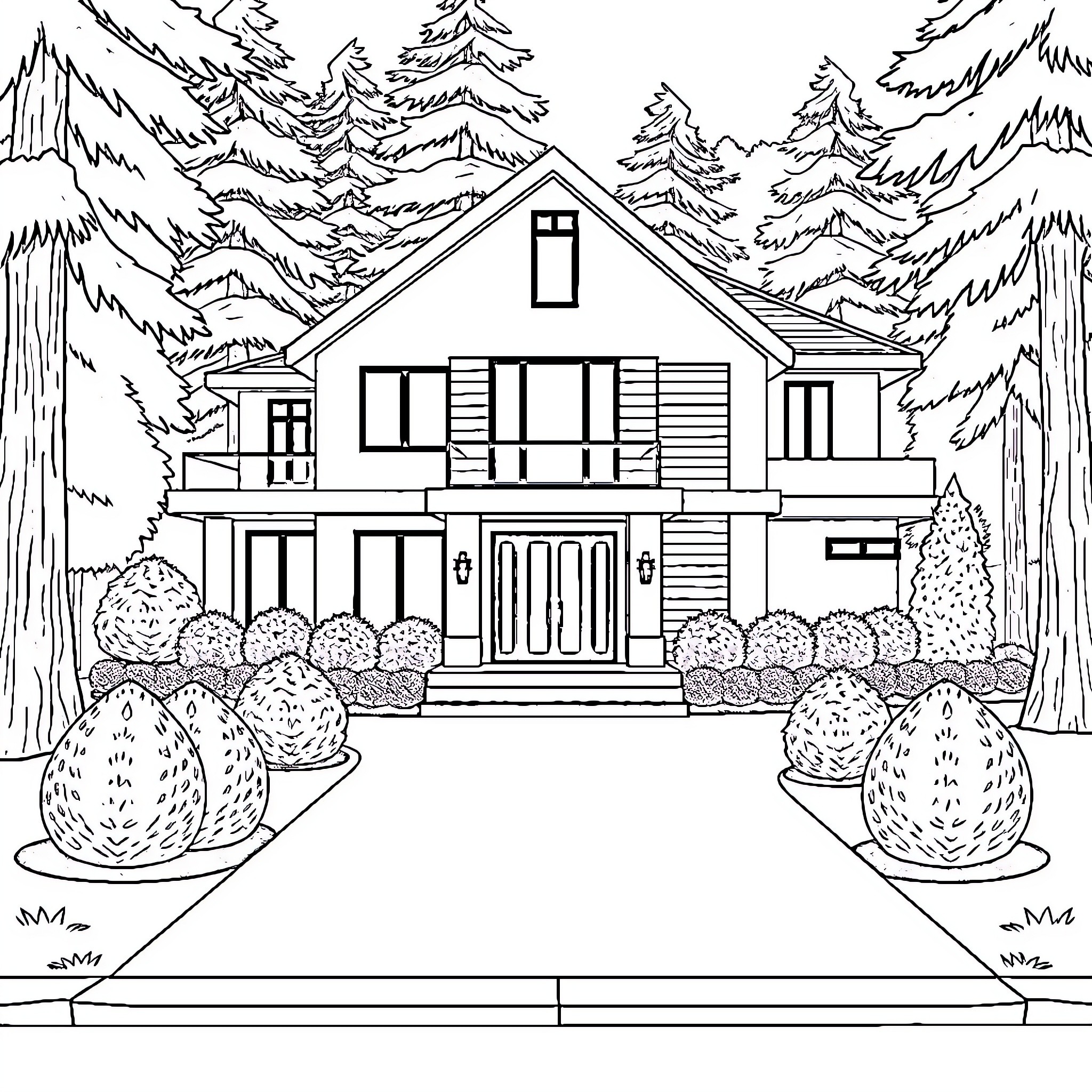 House with landscape and pine trees Coloring Page (free black-and-white line drawing printable PDF for all, from beginners to advanced learners, including children, teens, adults, and seniors)
