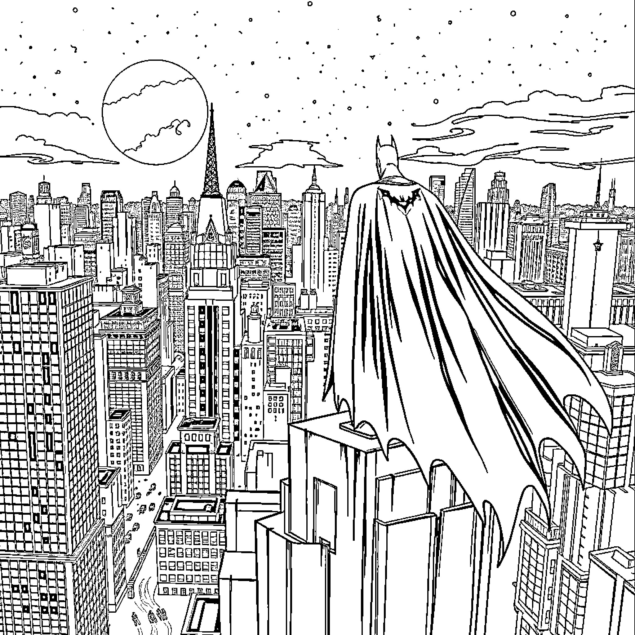 Batman surveying the bustling cityscape at night Coloring Page (free black-and-white line drawing printable PDF for all, from beginners to advanced learners, including children, teens, adults, and seniors)