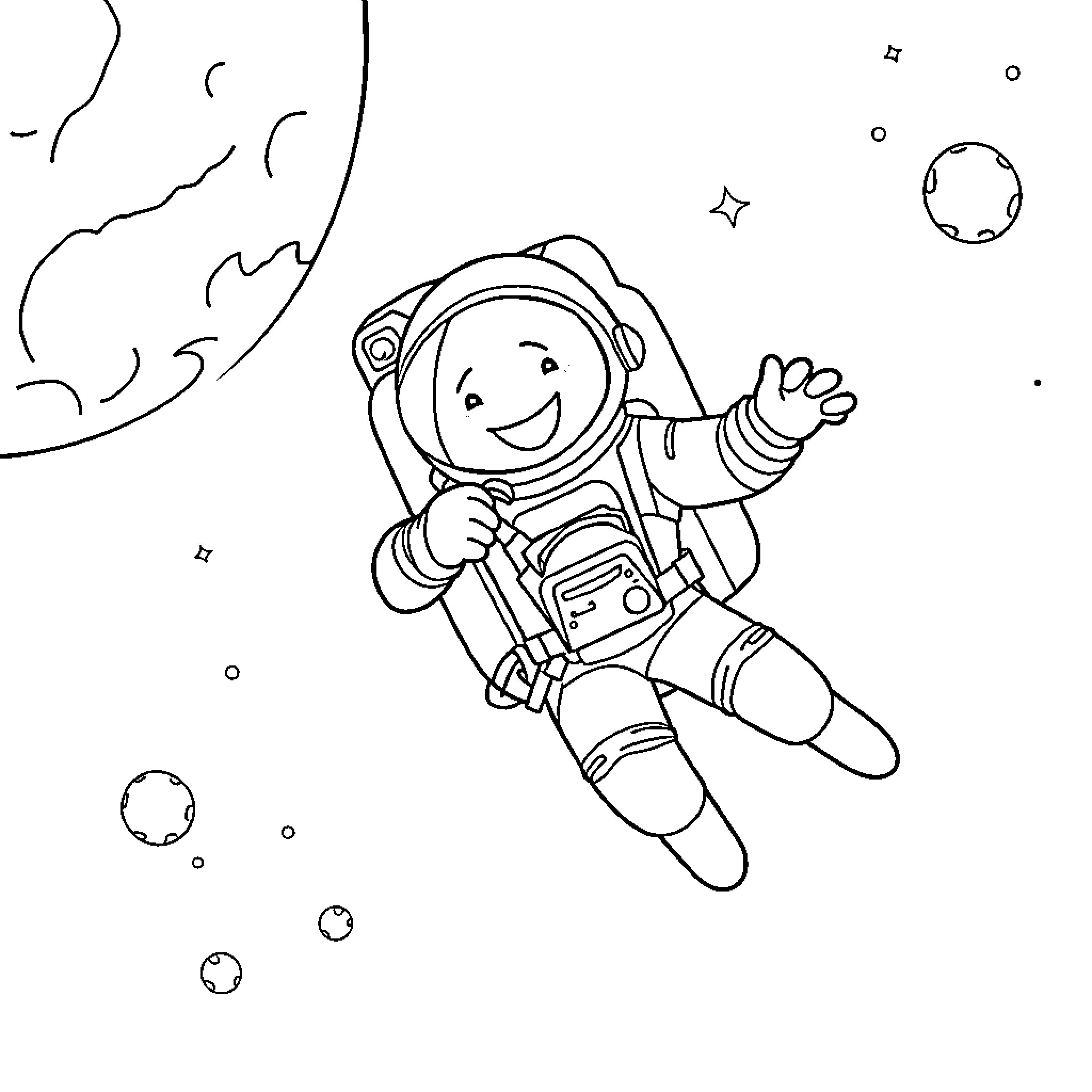 Astronaut exploring the wonders of space Coloring Page (free black-and-white line drawing printable PDF for all, from beginners to advanced learners, including children, teens, adults, and seniors)