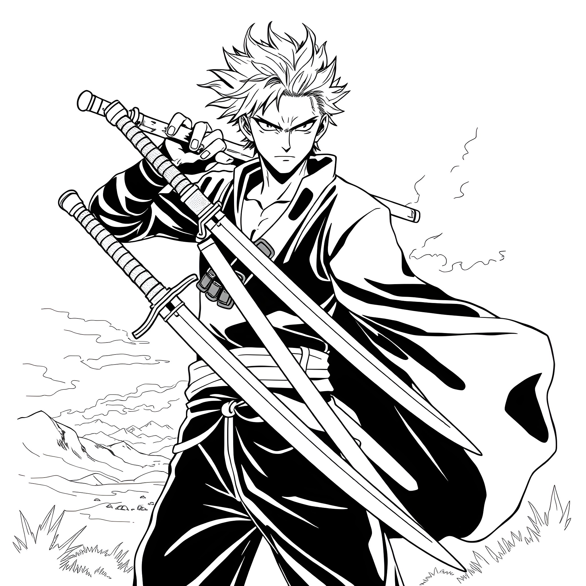 Zoro wielding swords in fierce battle stance Coloring Page (free black-and-white line drawing printable PDF for all, from beginners to advanced learners, including children, teens, adults, and seniors)