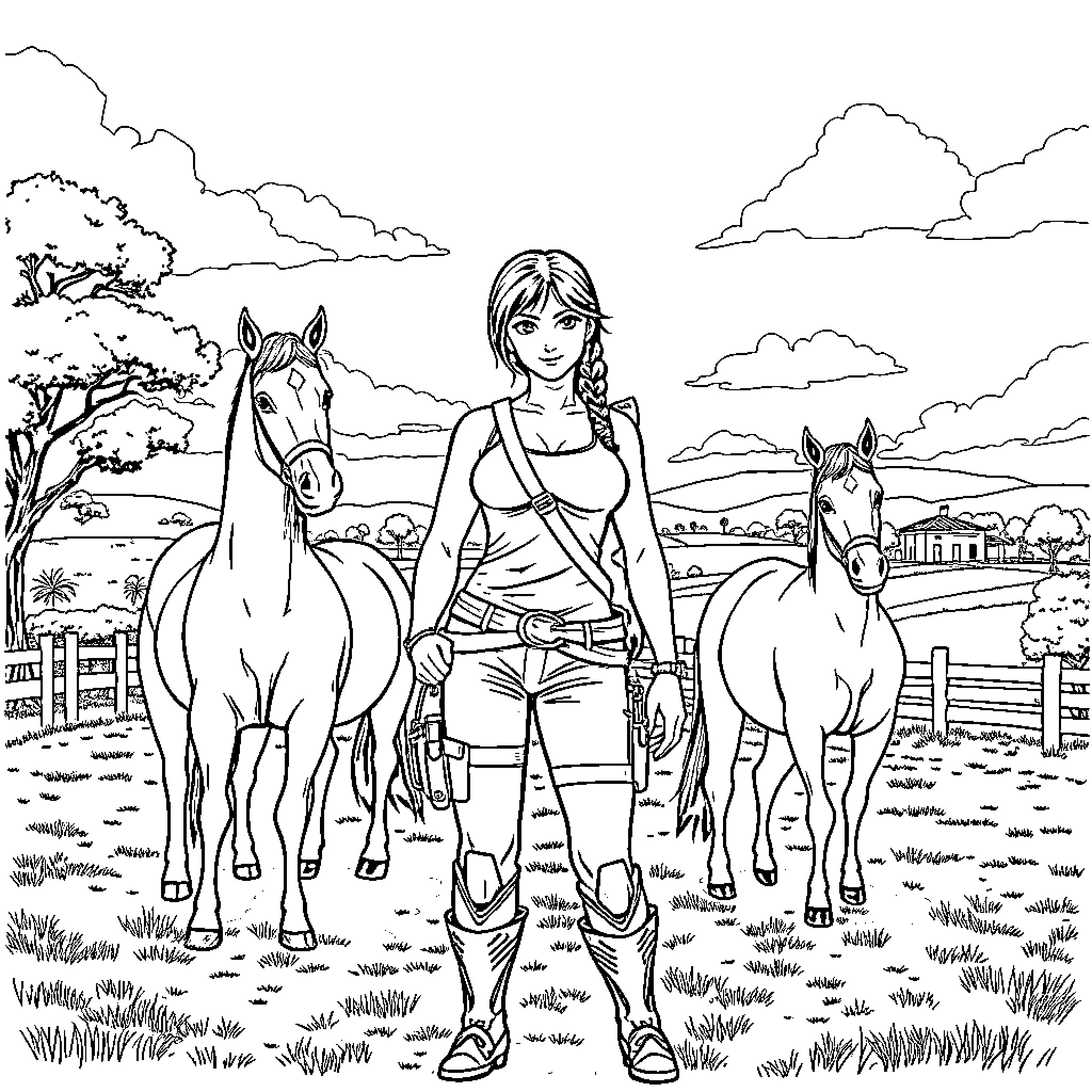 Lara Croft exploring the countryside with horses Coloring Page (free black-and-white line drawing printable PDF for all, from beginners to advanced learners, including children, teens, adults, and seniors)