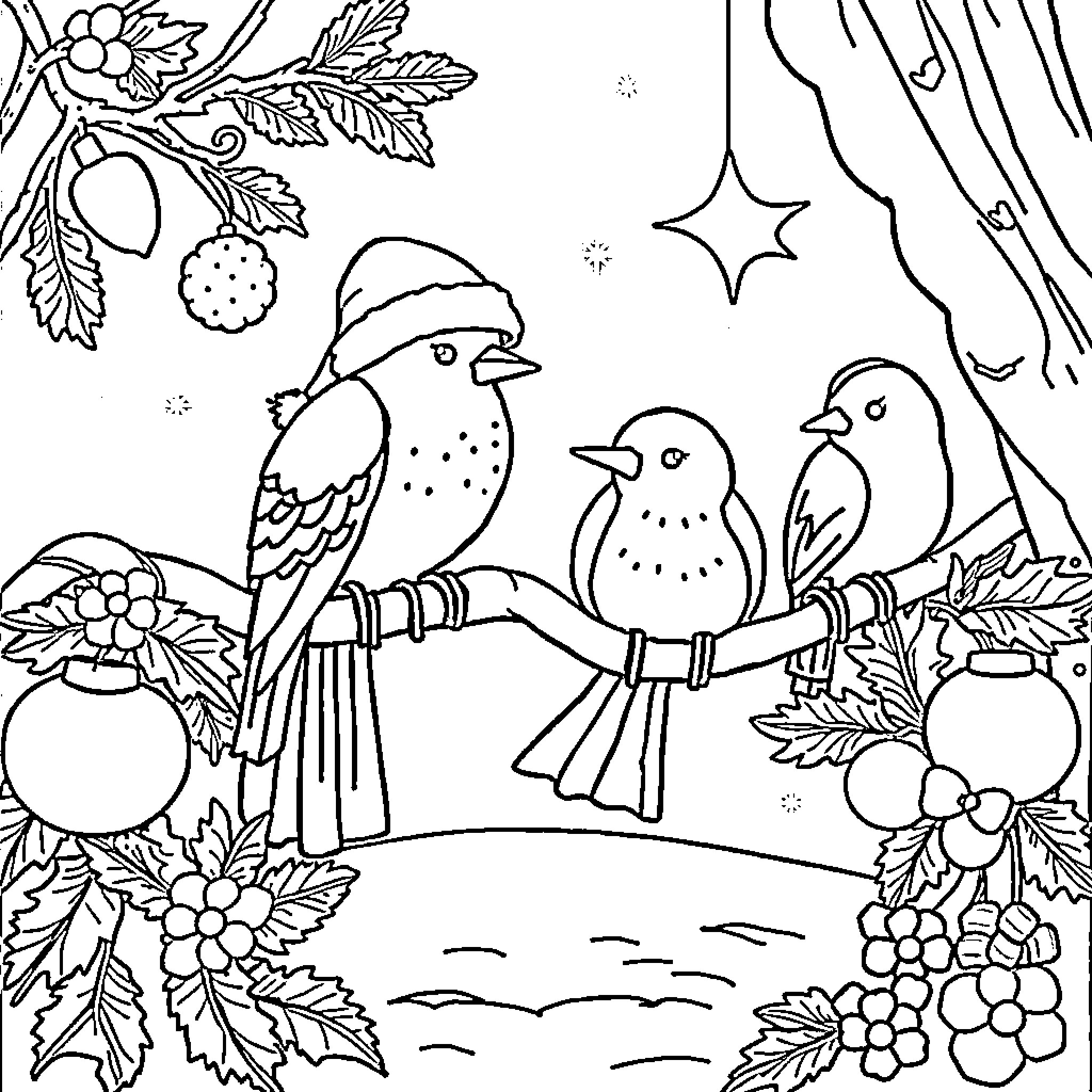 Navidad birds admiring winter ornaments and foliage Coloring Page (free black-and-white line drawing printable PDF for all, from beginners to advanced learners, including children, teens, adults, and seniors)