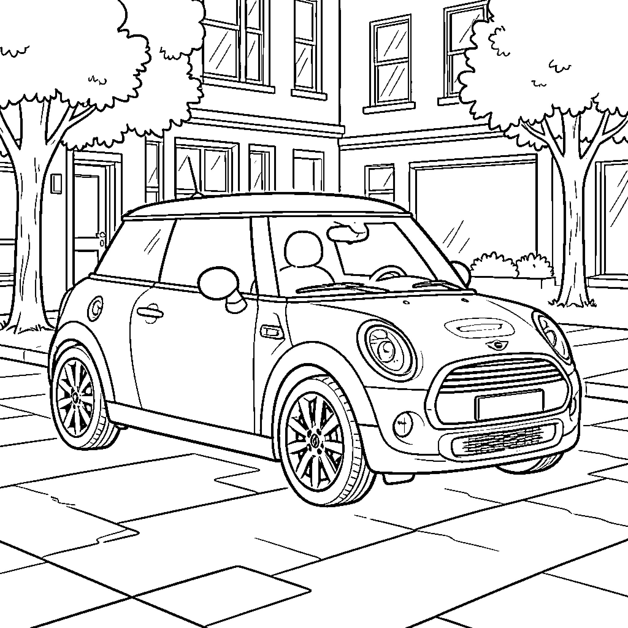 Mini Cooper driving through a city street Coloring Page (free black-and-white line drawing printable PDF for all, from beginners to advanced learners, including children, teens, adults, and seniors)