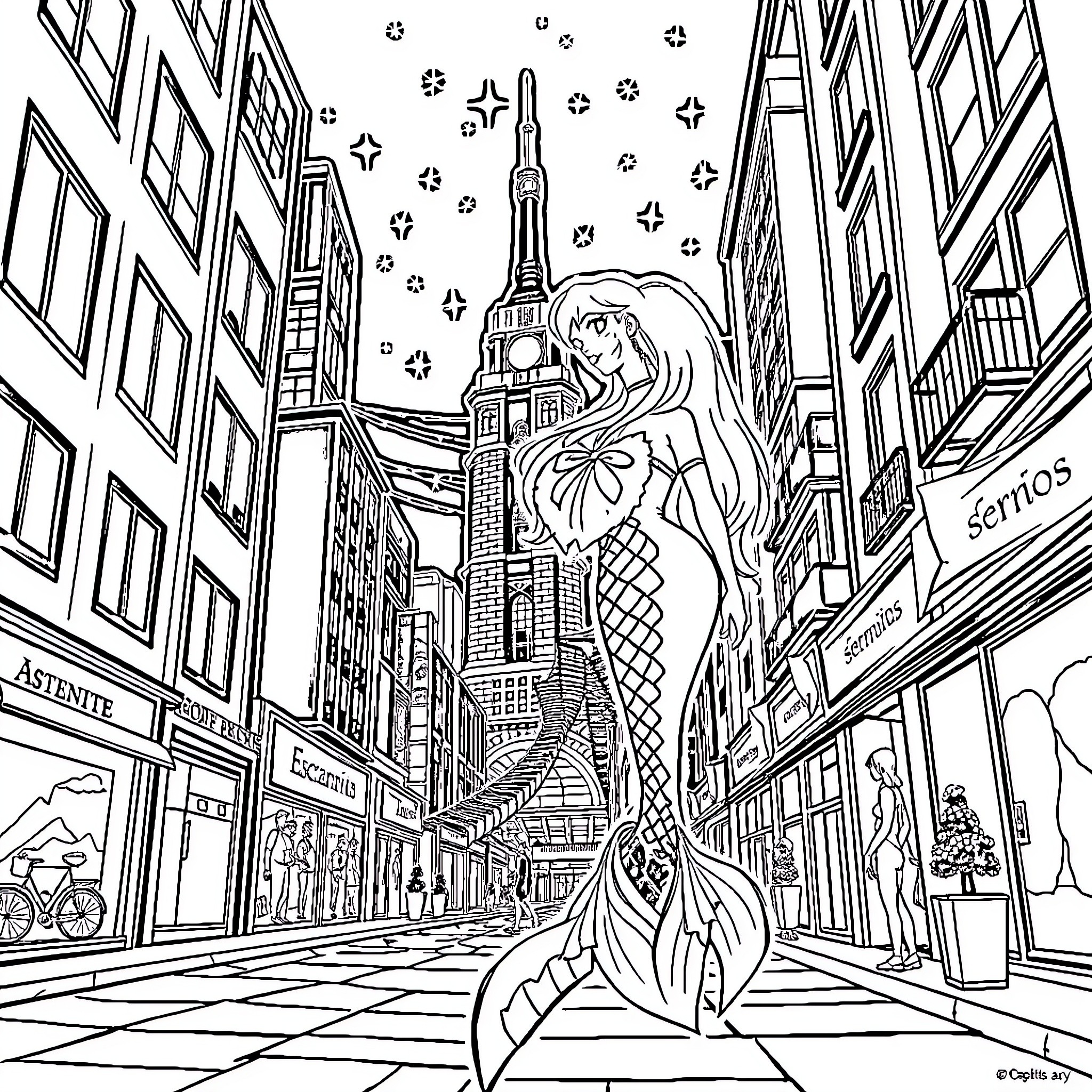 Mermaid explores the fantastical city skyline Coloring Page (free black-and-white line drawing printable PDF for all, from beginners to advanced learners, including children, teens, adults, and seniors)