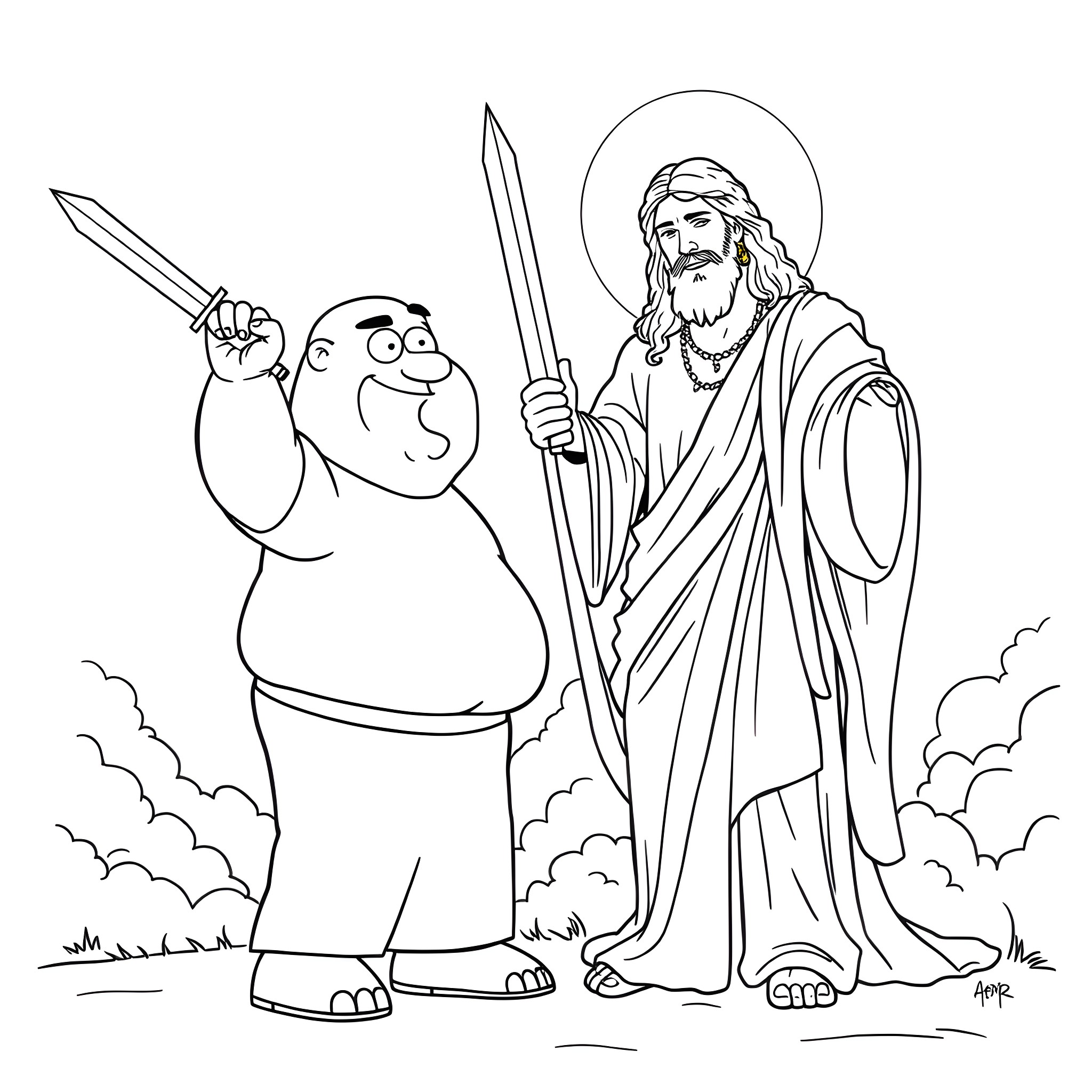 Peter Griffin's Encounter with the Savior Coloring Page (free black-and-white line drawing printable PDF for all, from beginners to advanced learners, including children, teens, adults, and seniors)