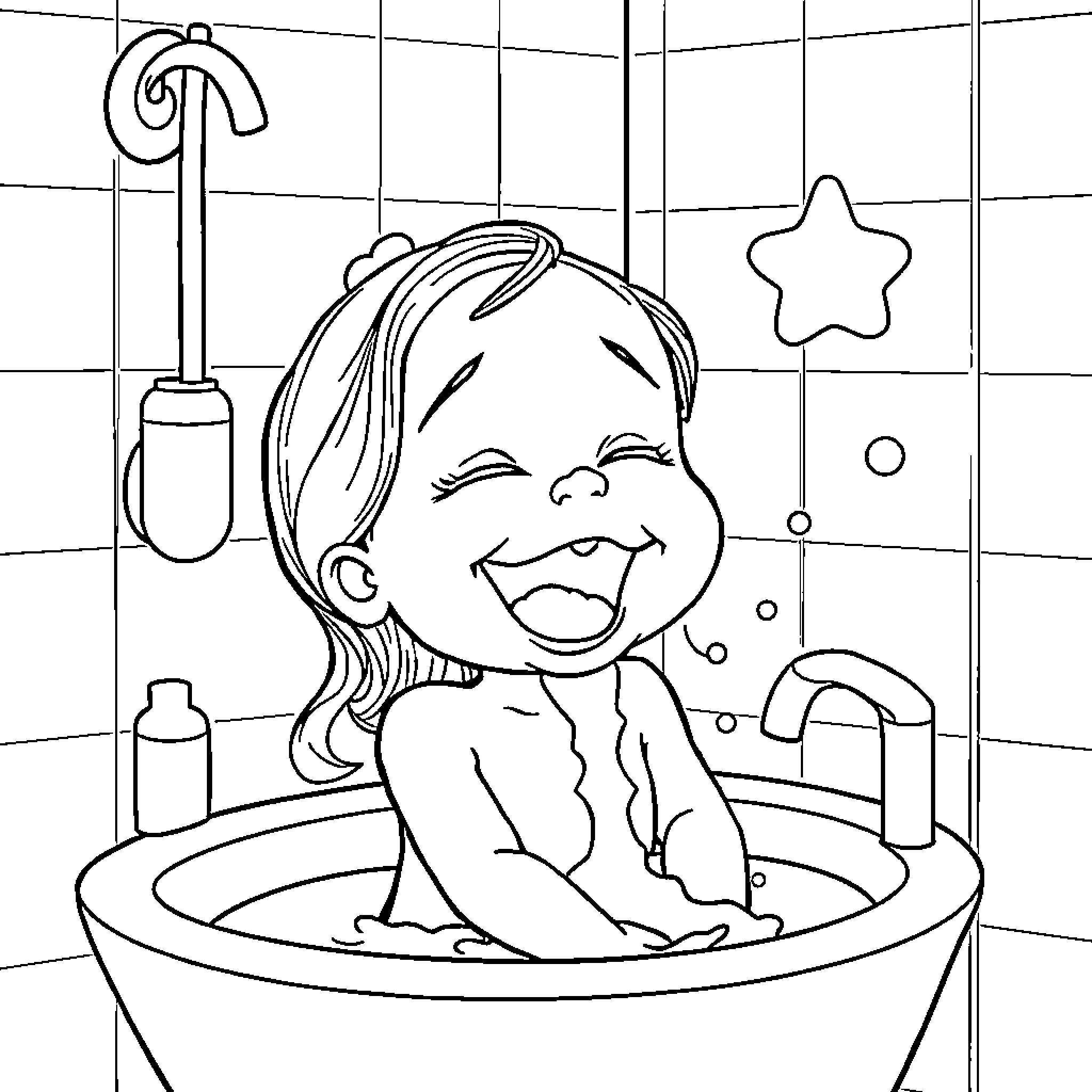 Girl enjoying bubble bath in bathroom Coloring Page (free black-and-white line drawing printable PDF for all, from beginners to advanced learners, including children, teens, adults, and seniors)