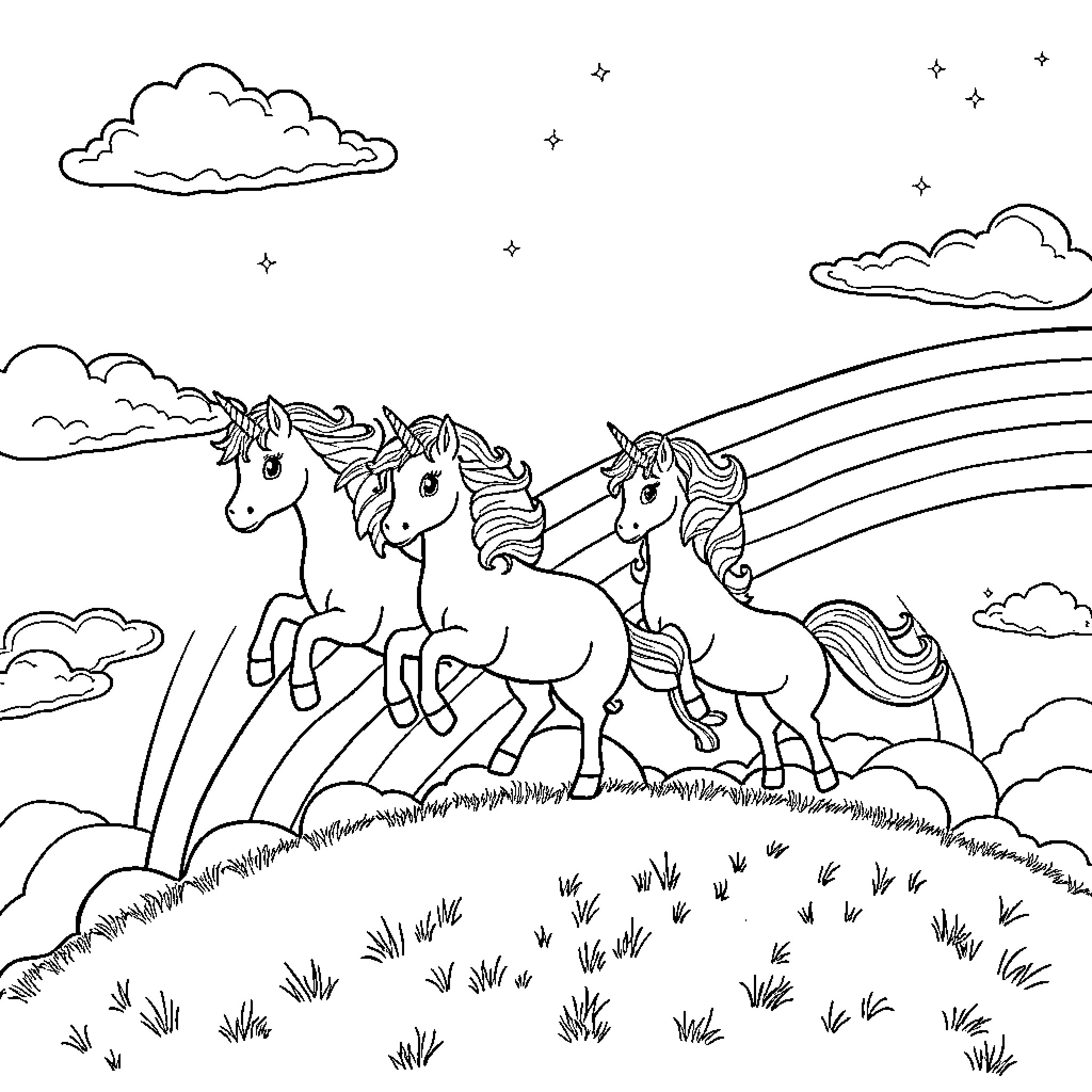 Unicorn Trio Galloping Joyfully Amid Rainbows and Clouds Coloring Page (free black-and-white line drawing printable PDF for all, from beginners to advanced learners, including children, teens, adults, and seniors)