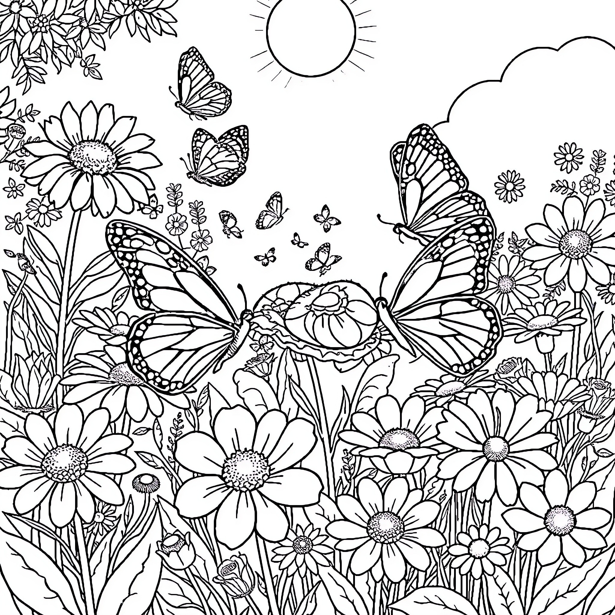 Butterfly Garden with Flowers and Sunlight Coloring Page (free black-and-white line drawing printable PDF for all, from beginners to advanced learners, including children, teens, adults, and seniors)