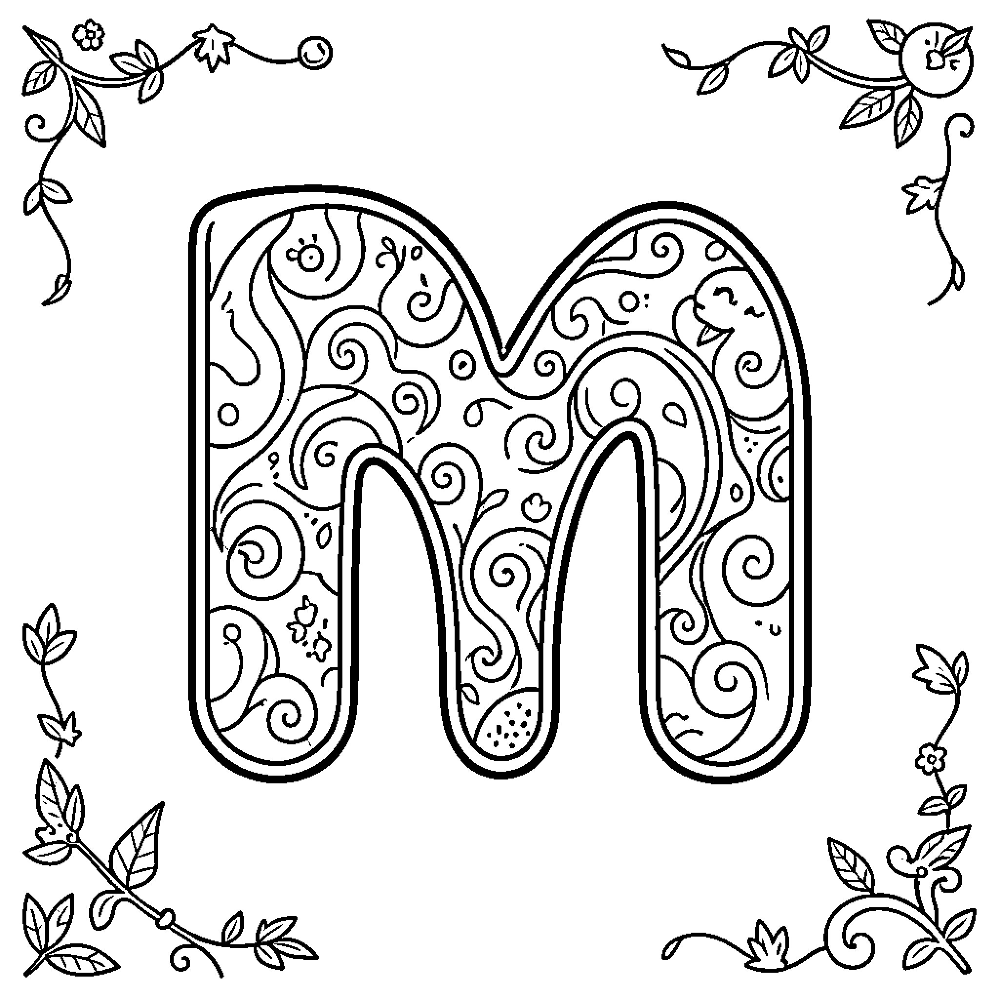Letter M with Whimsical Floral Patterns Coloring Page (free black-and-white line drawing printable PDF for all, from beginners to advanced learners, including children, teens, adults, and seniors)