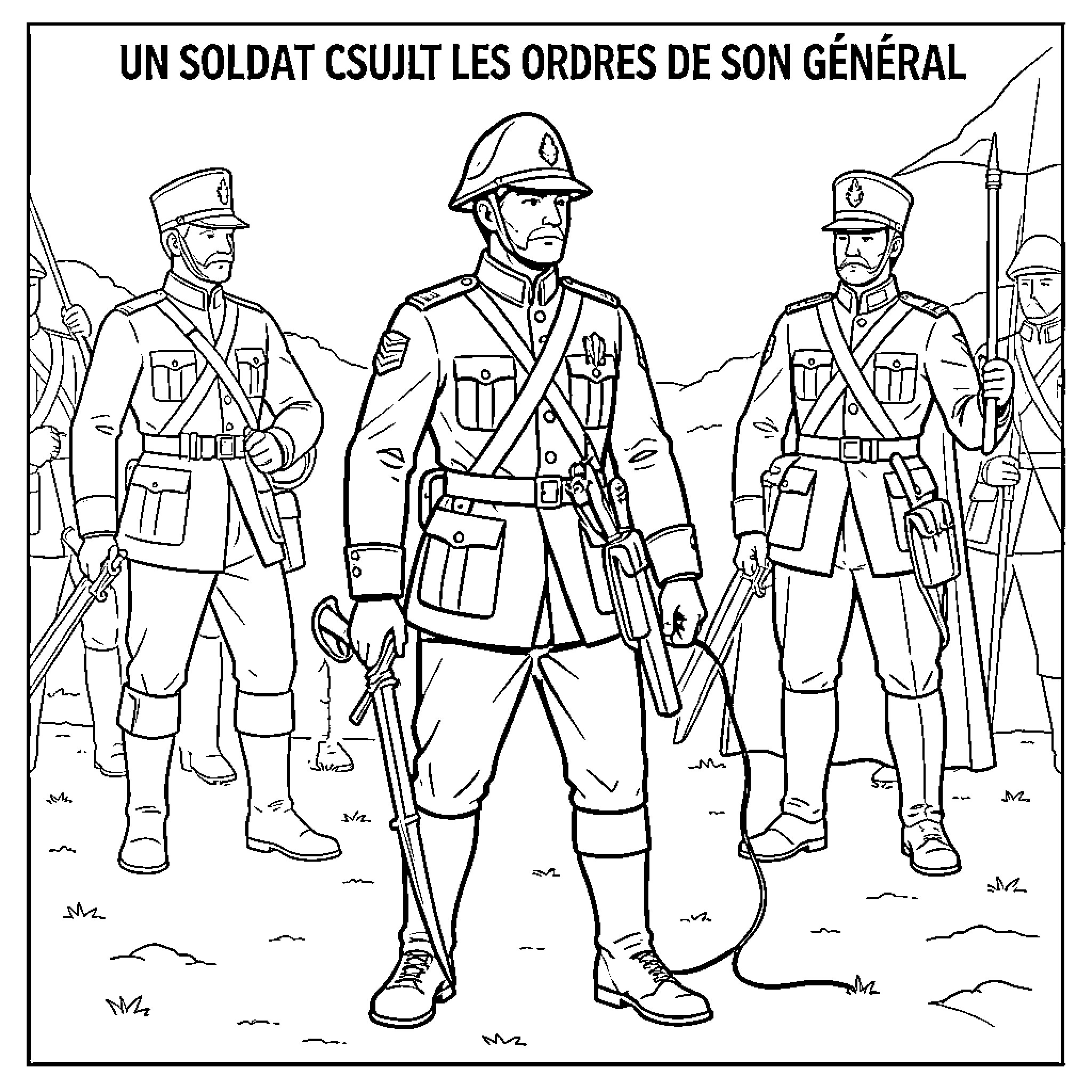 Soldat standing in formation with fellow troops Coloring Page (free black-and-white line drawing printable PDF for all, from beginners to advanced learners, including children, teens, adults, and seniors)