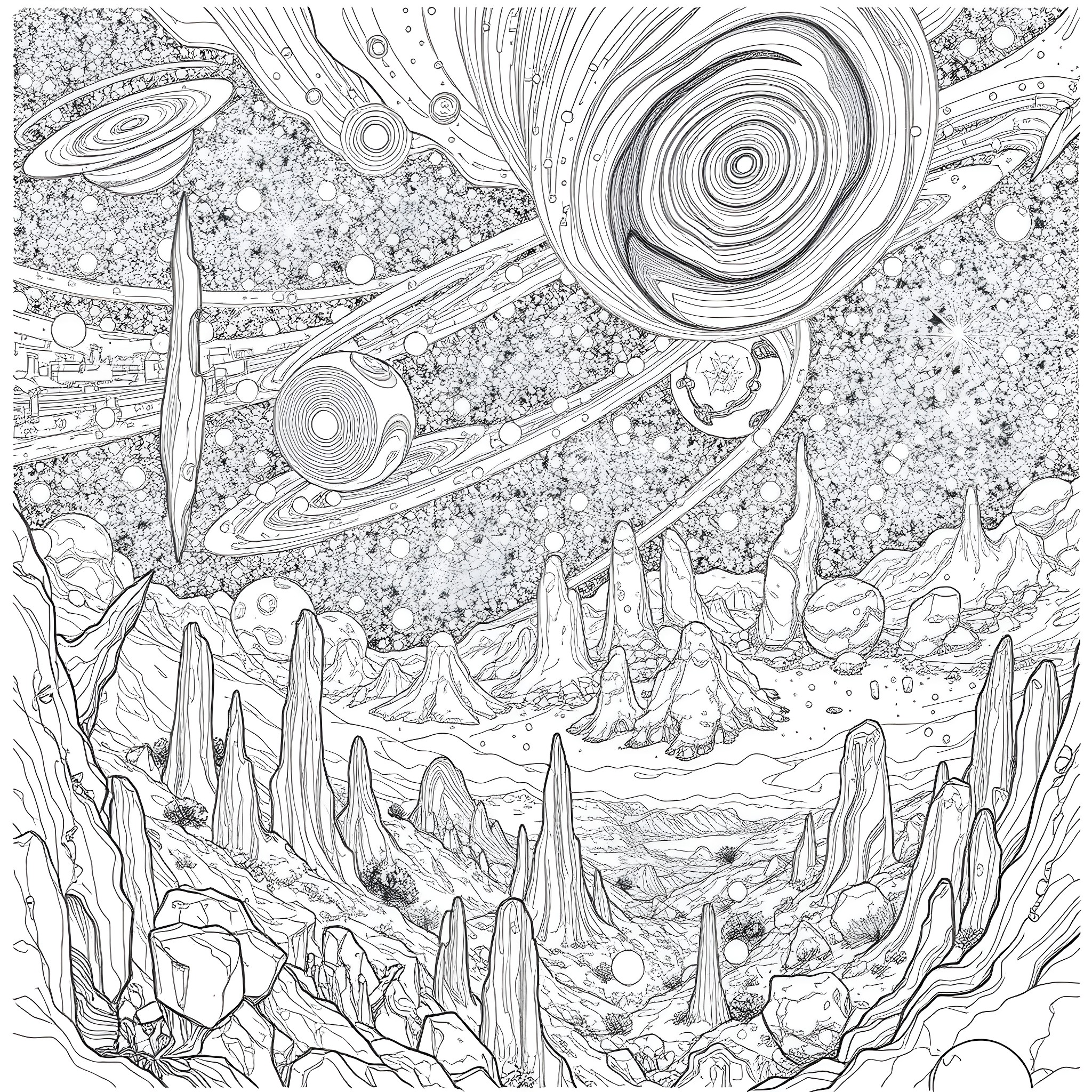 Space Odyssey: Celestial Exploration Coloring Page (free black-and-white line drawing printable PDF for all, from beginners to advanced learners, including children, teens, adults, and seniors)