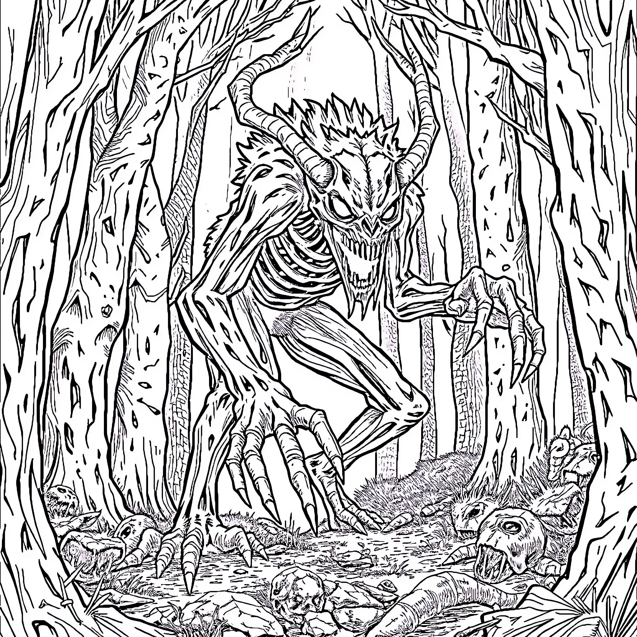 Wendigo stalking through the eerie forest Coloring Page (free black-and-white line drawing printable PDF for all, from beginners to advanced learners, including children, teens, adults, and seniors)
