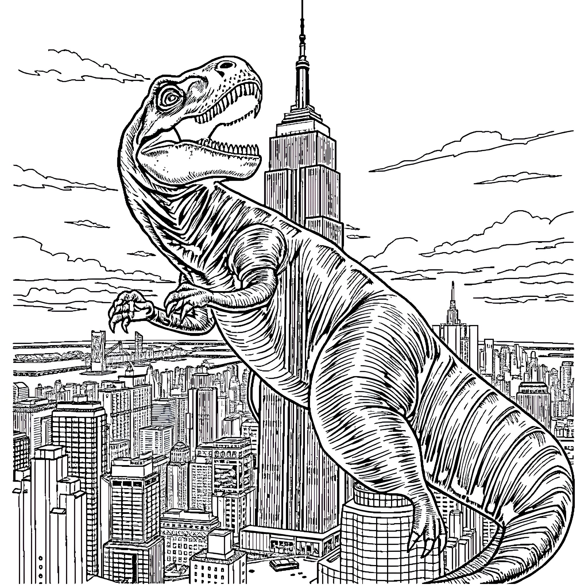Dinosaur roaming the skyscrapers of the city Coloring Page (free black-and-white line drawing printable PDF for all, from beginners to advanced learners, including children, teens, adults, and seniors)